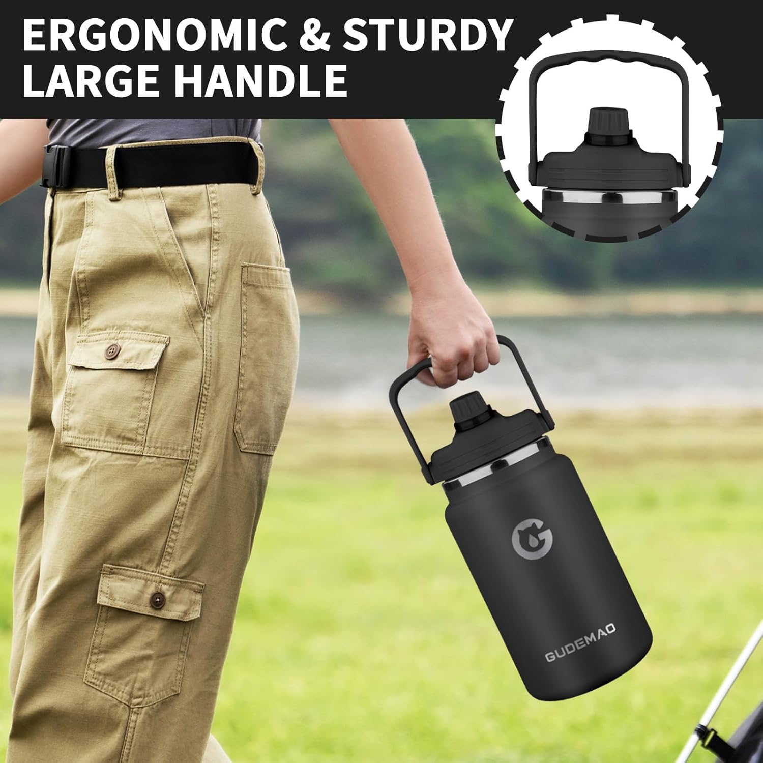 1 Gallon Insulated Water Bottle with Handle, 135 oz Double Vacuum Stainless Steel Water Jug for Hot & Cold Drinks, Leak-Proof Large Wide Mouth Water Flask for Travel, Gym, Biking (Black) - Image 6