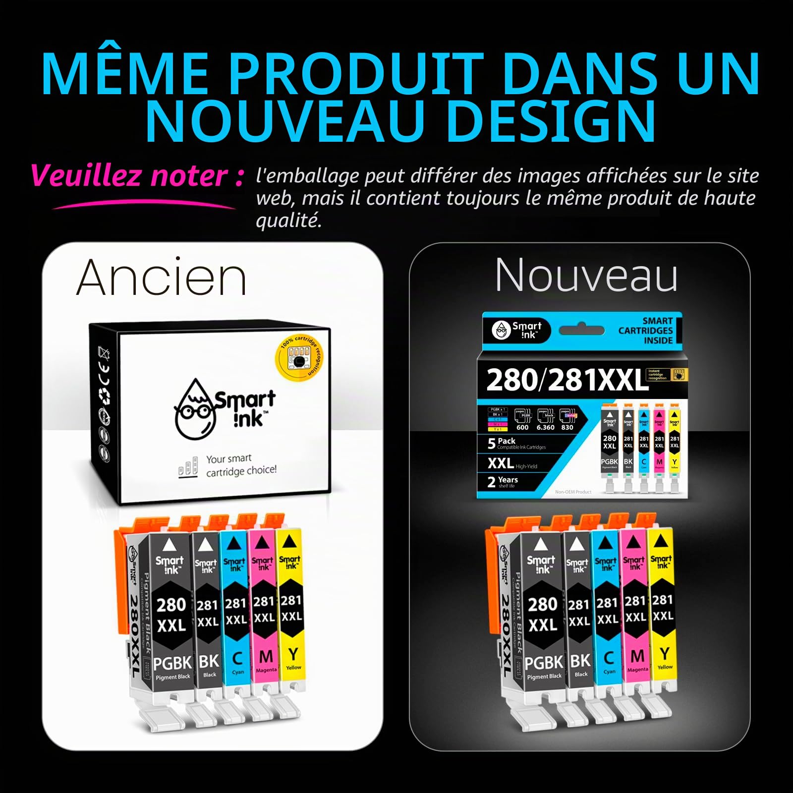 Smart Ink Lot de 5 cartouches d'encre de rechange pour Canon 281 280 PGI-280XXL CLI-281XXL pour imprimantes Canon Pixma TR8520 TS9120 TS6120 TR8620 TR8620a TS6320 TR7520 PGBK/BK/C/M/Y