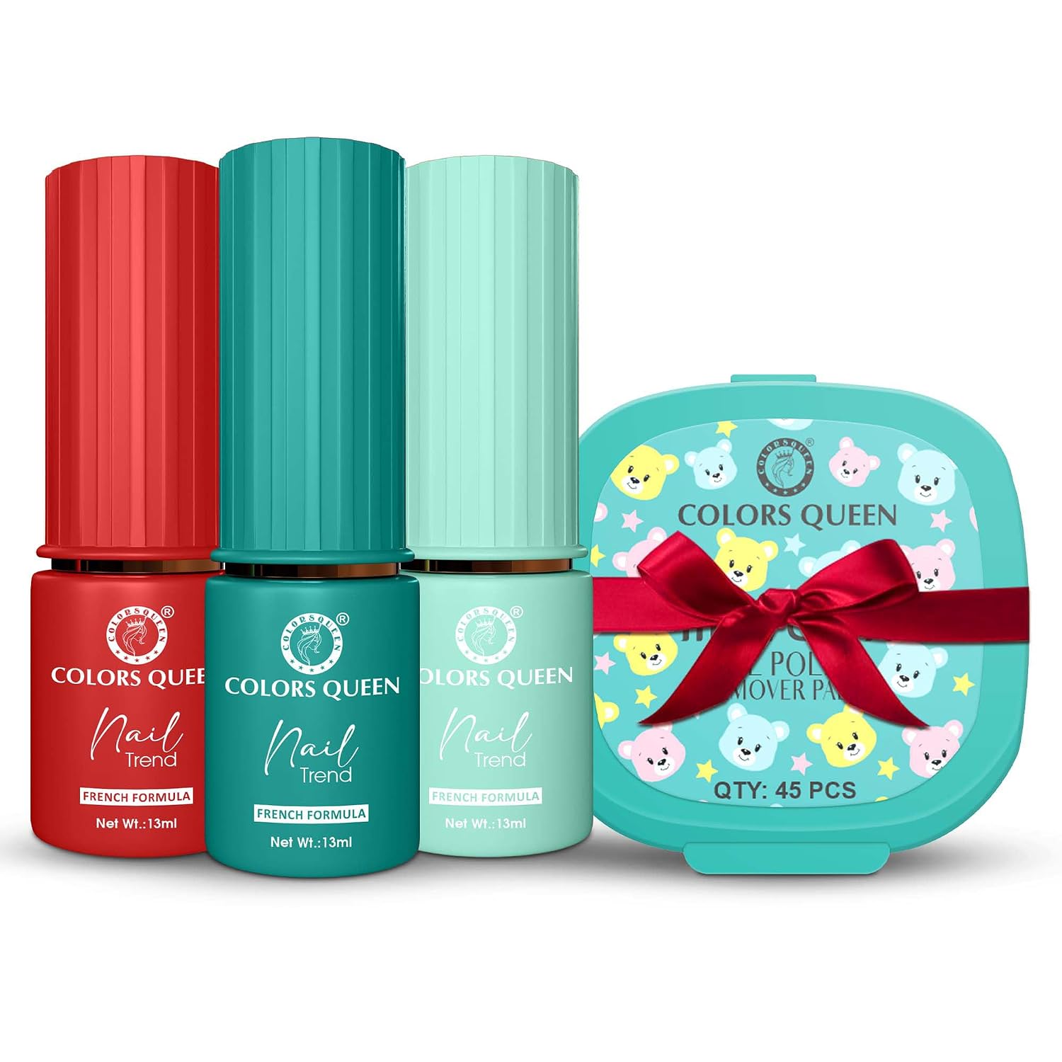Colors Queen Nail Trend Glossy Nail Paint Combo Set of 3 with Free Nail Paint Remover Wipes - 45 pcs| Long Lasting & Vibrant Nail Paint for Women (Apple Slice, Bondi Blue, Crystal Cream, 39ml)