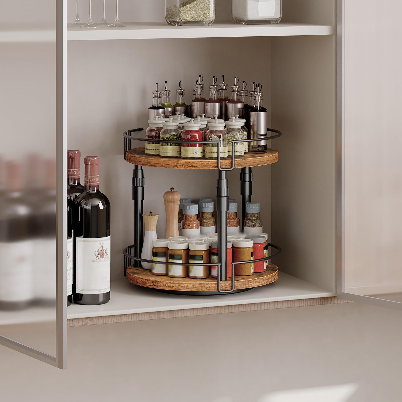 HOOBRO Scaffale Portaspezie a 2 Livelli, Scaffale da Cucina con Altezza Regolabile, Organizer da Cucina Rotante per Piano, Armadio, Tavolo, Marrone Vintage EBF05TL01