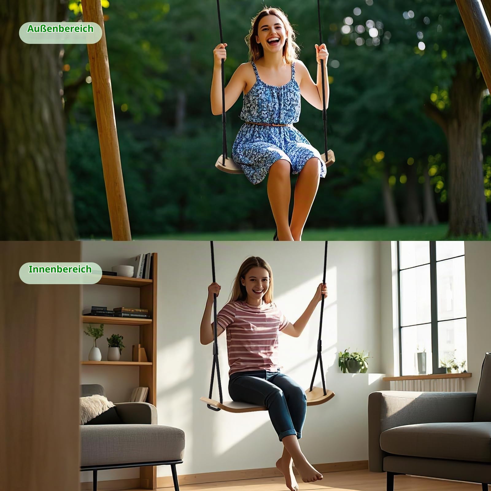 PELLOR Holzschaukel Outdoor für Kinder und Erwachsene, Schaukelsitz Holz mit höhenverstellbarem Seil, Garten Schaukel für Innen und Außenbereich, maximale Belastung 150 kg