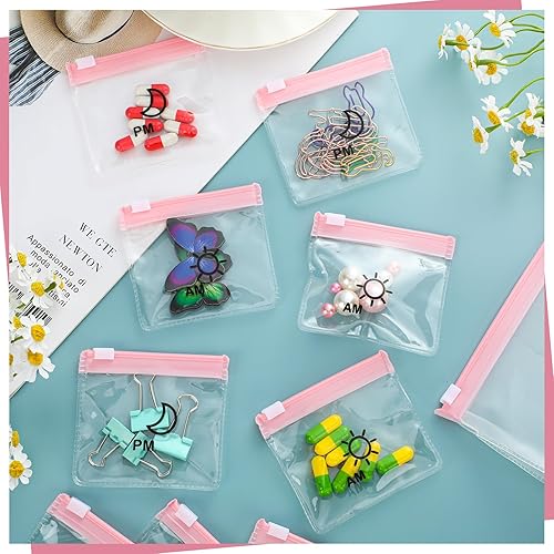Miniatura 7 de Colarr 14 bolsas de pastillas AM PM reutilizables con cremallera para día y noche, organizador de píldoras con cierre deslizante para estuche de Rosa