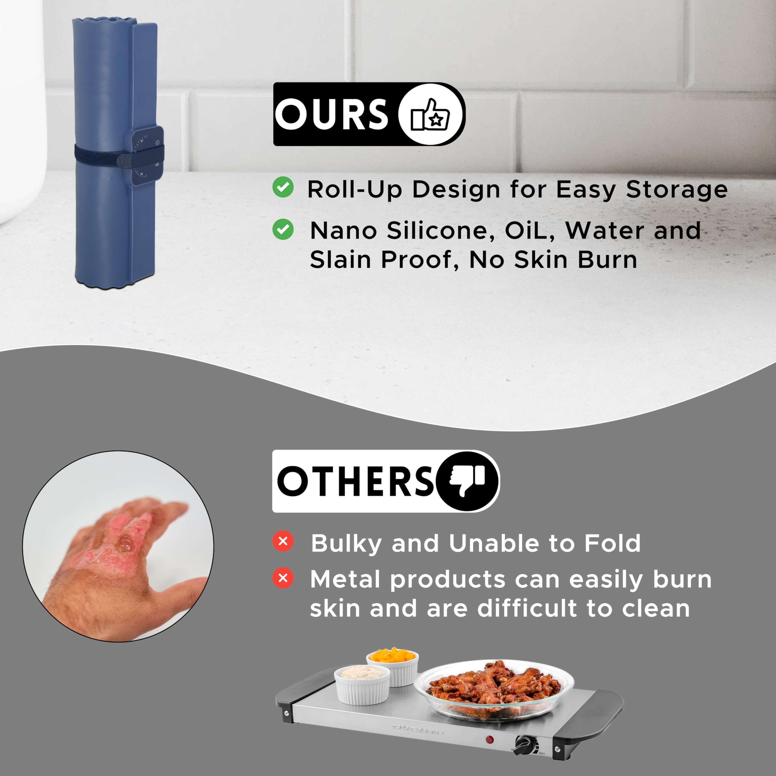 ACRILYX Food Warming Mat for Food - Electric Warming Tray for Buffets & Parties, Rollable Silicone Heating Mat, Warming Mat for Food with Adjustable Temperature, Auto Shut-Off, Portable & Foldable