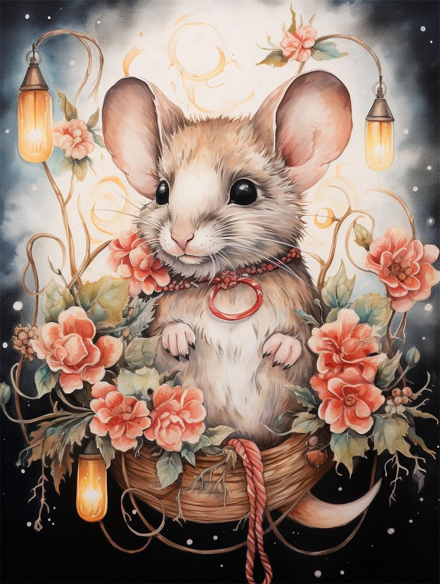 RKFLGEW Kit De Bordado Diy,Kit De Bordado De Cuentas De Ratones Y Flores,Kits Estampados De Punto De Cruz De Animales,Kit De Costura Bordada De Punto De Cruz 40x50cm