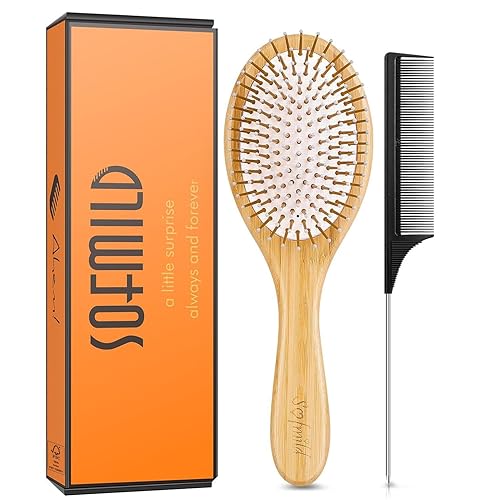 Sofmild Juego de cepillo de pelo de madera de bambú, cepillos para el cabello para mujeres, hombres, niños, desenredar el cabello, masajear el cuero