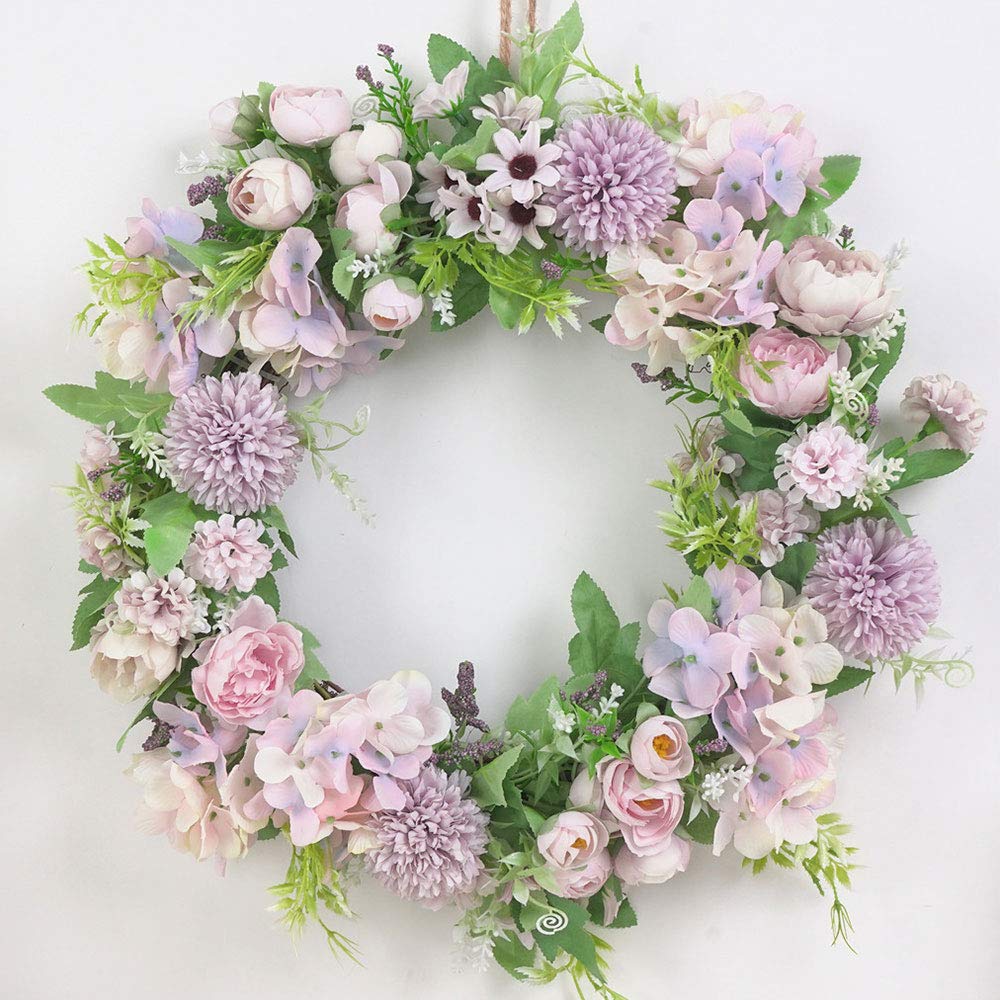 Sureh Green, Pink, Purple 15.7Inch Artificial Purple Hydrangea And Peony Floral Spring Wreath Silk Peony Wreath With Green Leaves Welcome Front Door Wreath For Wedding Wall Home Decor