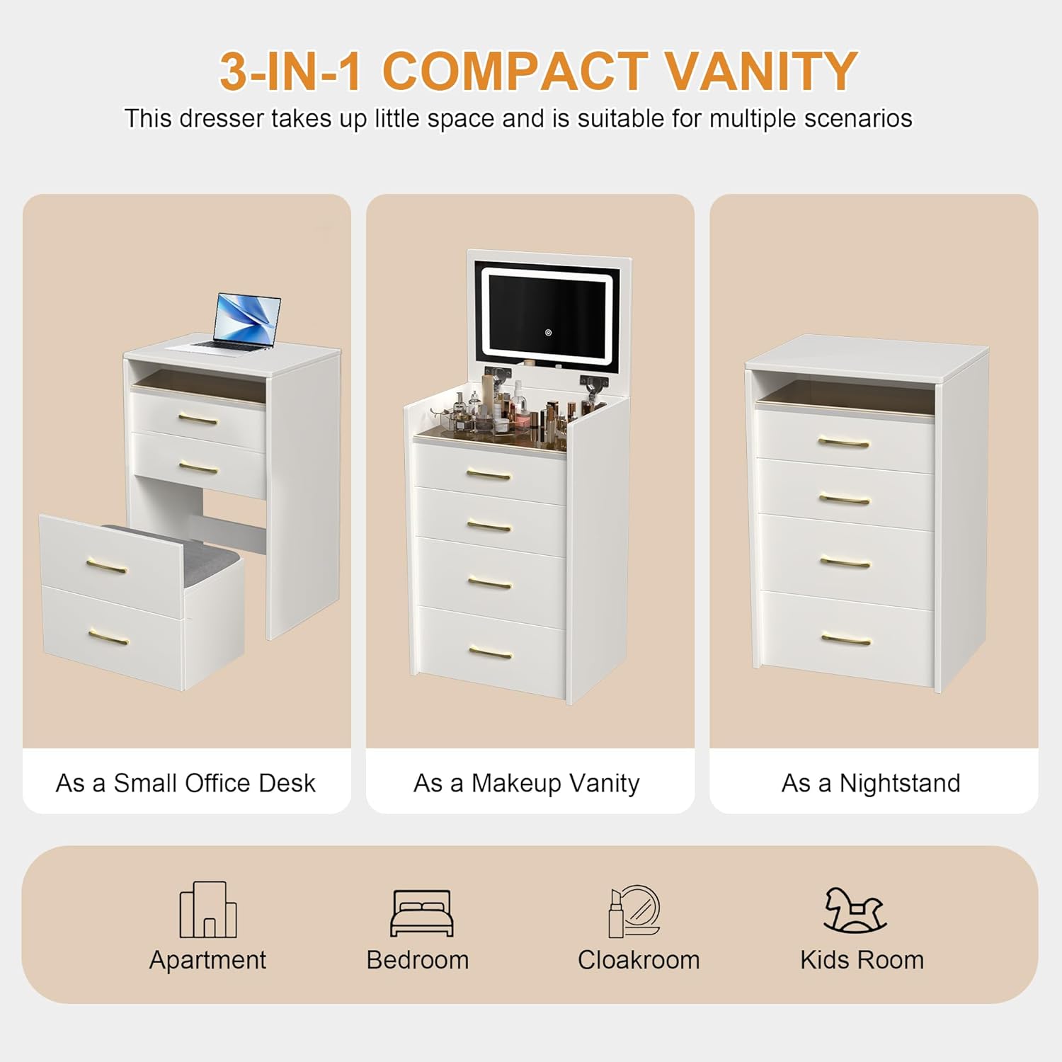 Vanity Desk & Nightstand Combo - Flip Top Mirror, 3 Drawers, Bright LED Lights, and Cushioned Stool,White