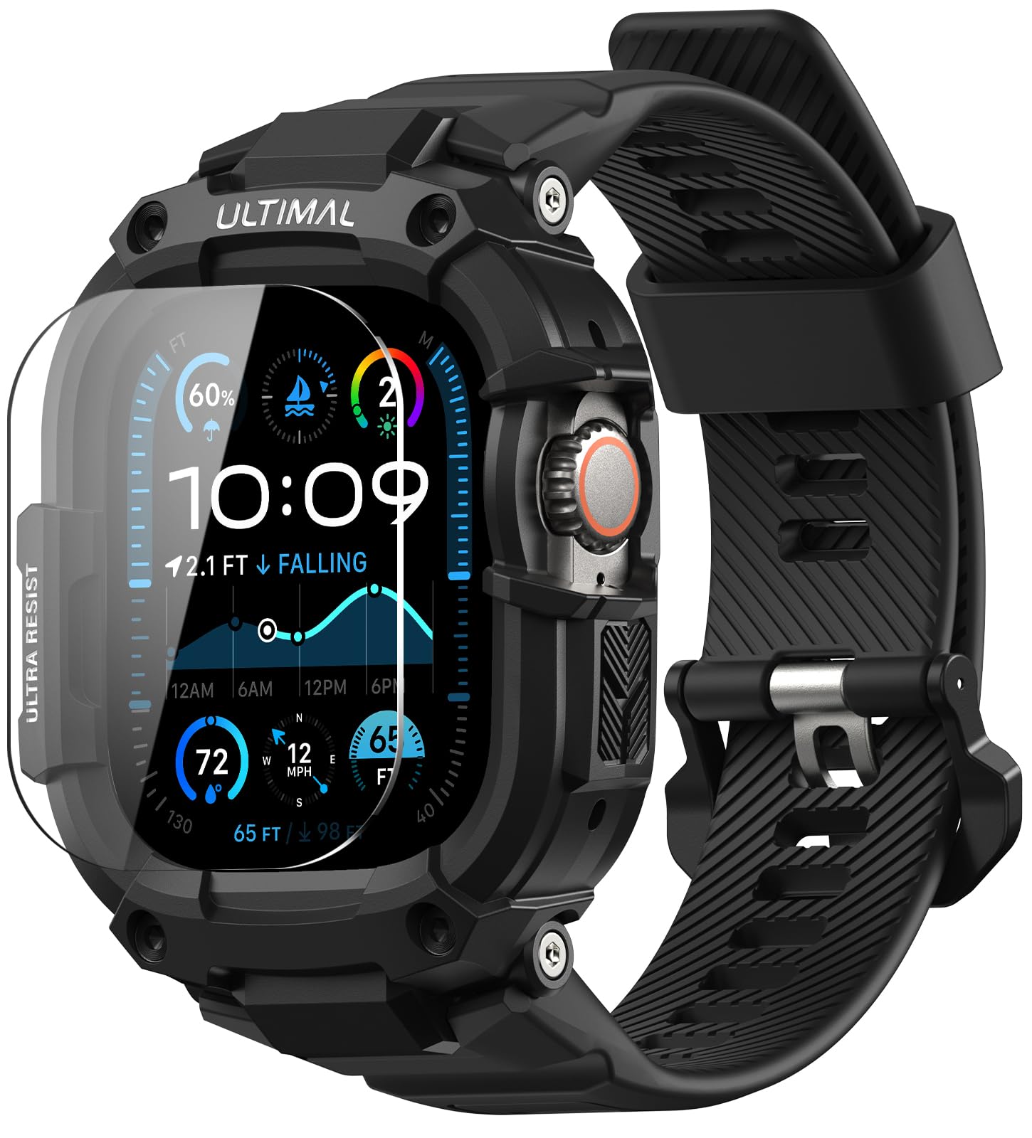 ULTIMAL Correa ajustable compatible con Apple Watch de 49 mm/45 mm/44 mm, correa deportiva resistente con carcasa resistente a prueba de golpes, correa de repuesto resistente para S4/5/6/SE, S7/8/9,