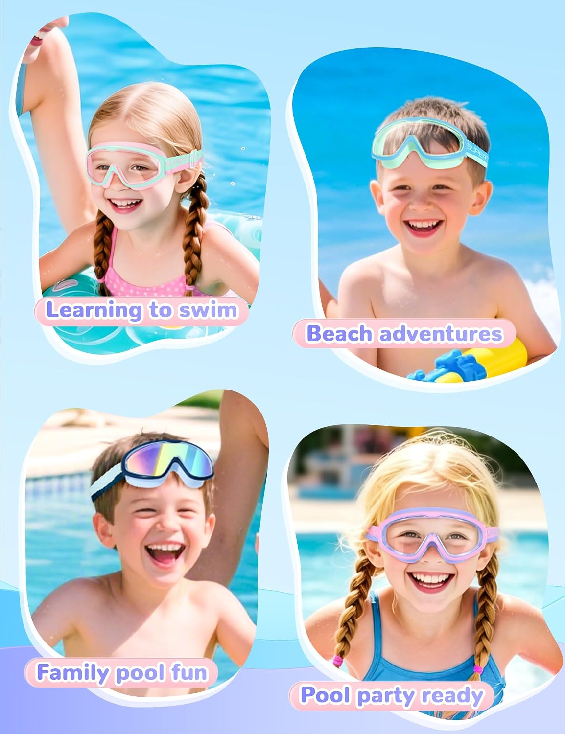 Supertrip Kids Swim Goggles with Fabric Strap | 2 Pack Swimming Goggles Anti-Fog UV Protection Leakproof Goggles for Kids 4-14