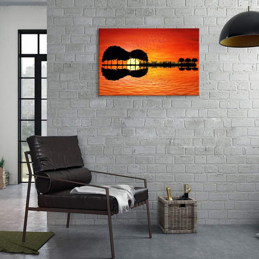 Urttiiyy Modern Abstract Guitar Tree Lake Sunset Art Canvas Painting Living Room Decorating Painting Home Decor HD Printed Artwork Poster Framed Ready to Hang