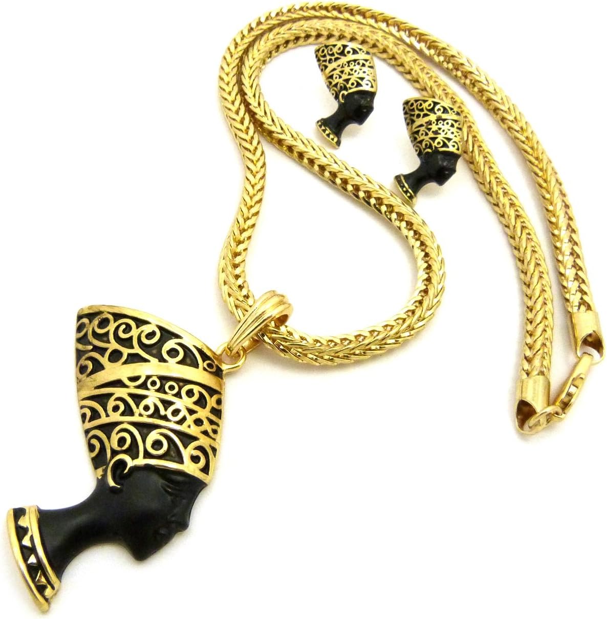 Hip Hop Iced Egyptian Nefertiti Pendant & 18" Franco Choker Chain Necklace & Earring Set
