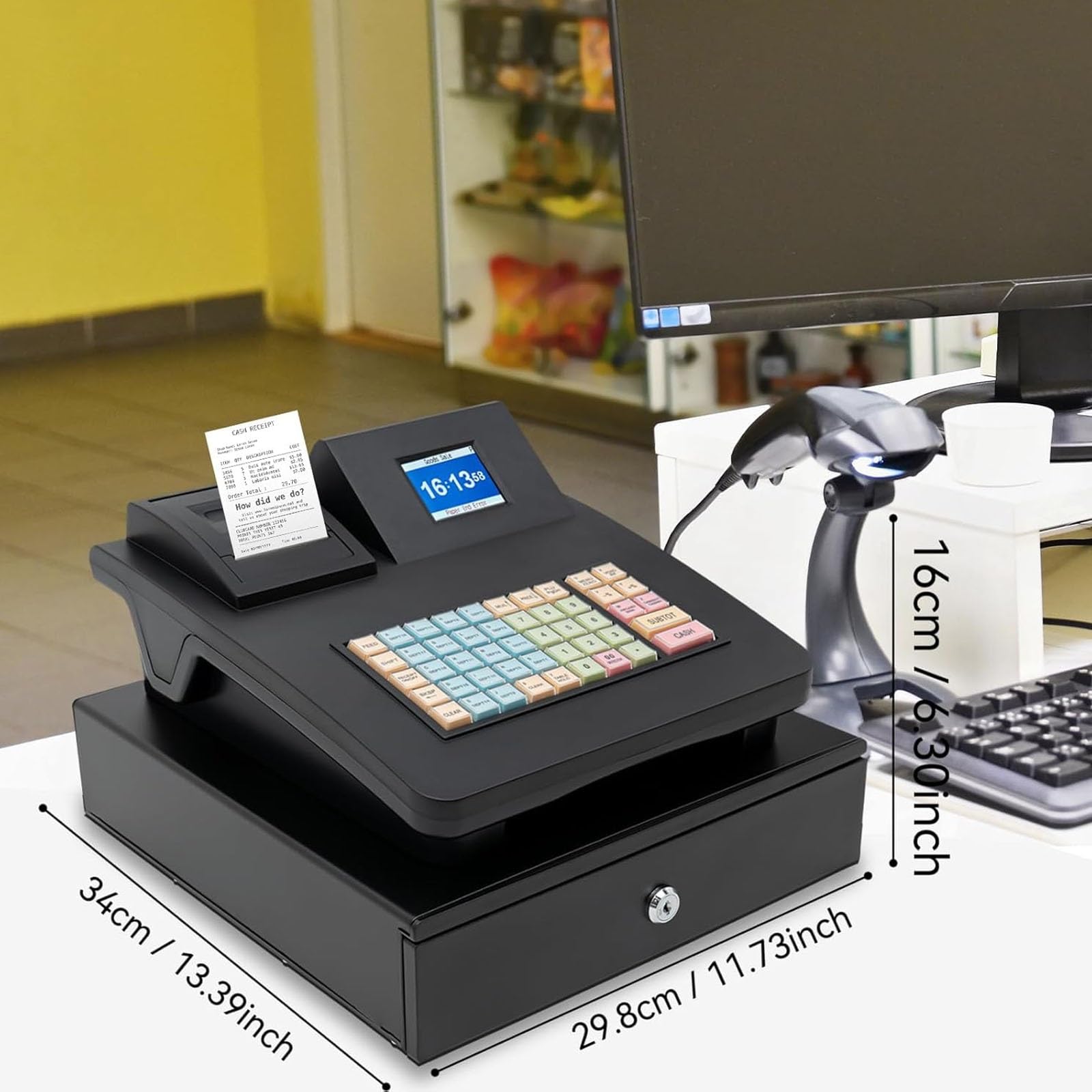 Caisse Enregistreuse Électronique De 2,8" avec 48 Touches Physiques - 256 KO, ROM 8 Mo, 10 000 PLU, Imprimante 58 Mm Intégrée, Tiroir-Caisse en Option | for Les Petites Entreprises(White,A)