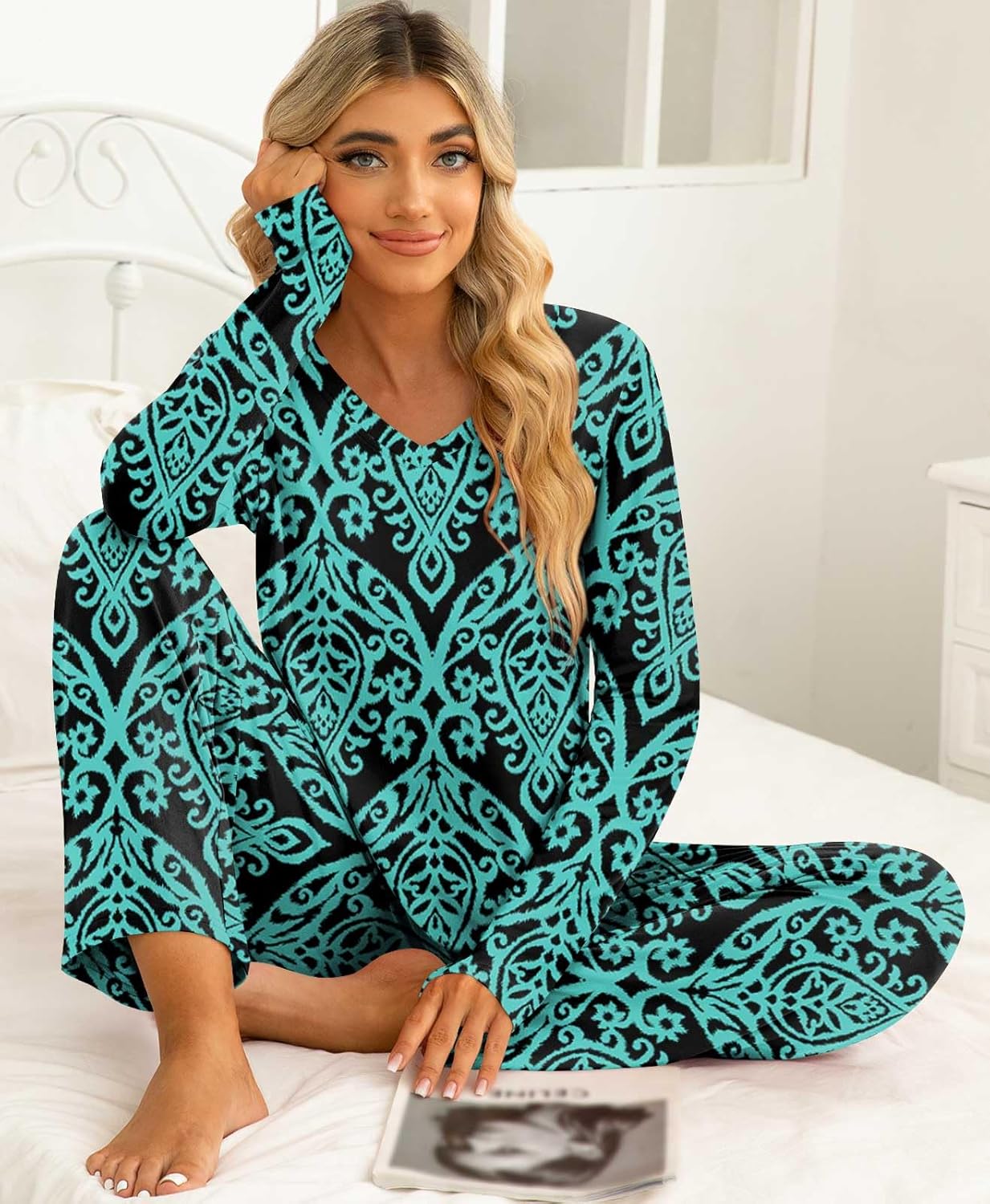 syoss Womens Pajamas Set 2 Piece Ladies Pjs Sets with Pockets M, Floral Blue-Green - Image 3