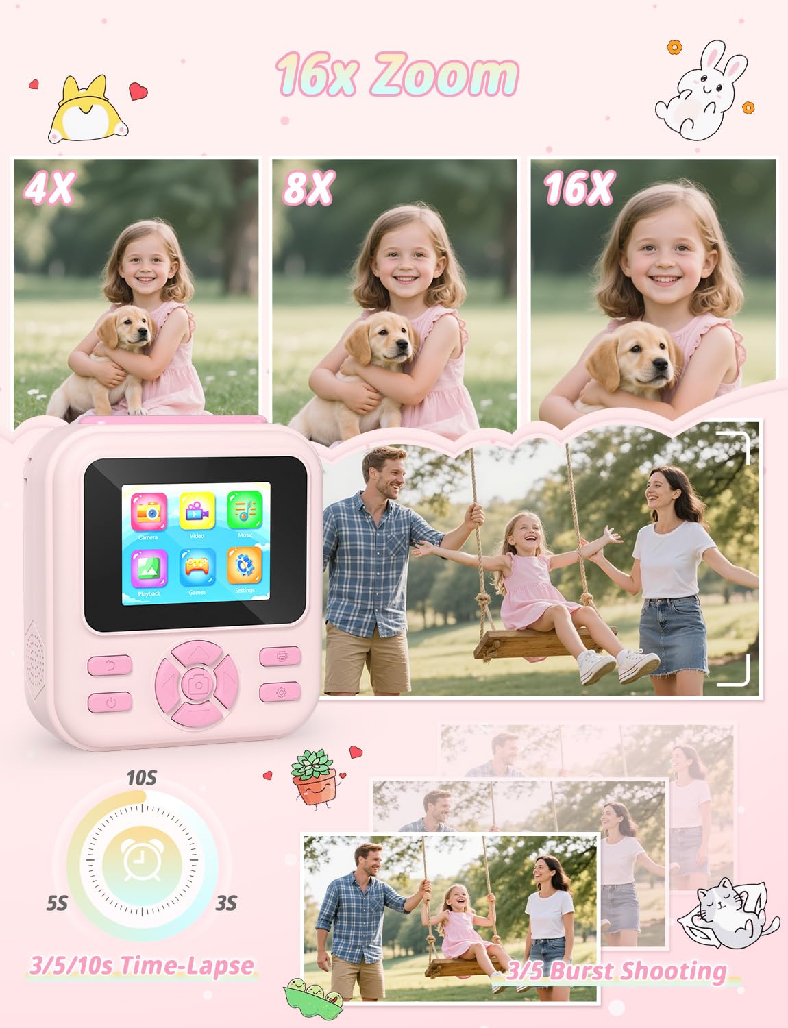 YOHOOLYO Aparat błyskawiczny dla dzieci, 2,4-calowy aparat błyskawiczny dla dzieci z kartą 32 GB i 3 rolkami papieru, cyfrowe zabawki wideo HD 1080P, prezenty urodzinowe w