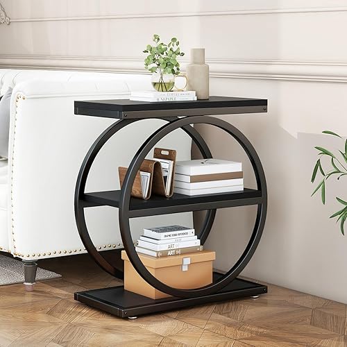 Miniatura 8 de IBUYKE Mesa auxiliar estrecha con 3 estantes de almacenamiento, mesa auxiliar de sofá industrial, marcos de metal redondos dobles, mesita de noche