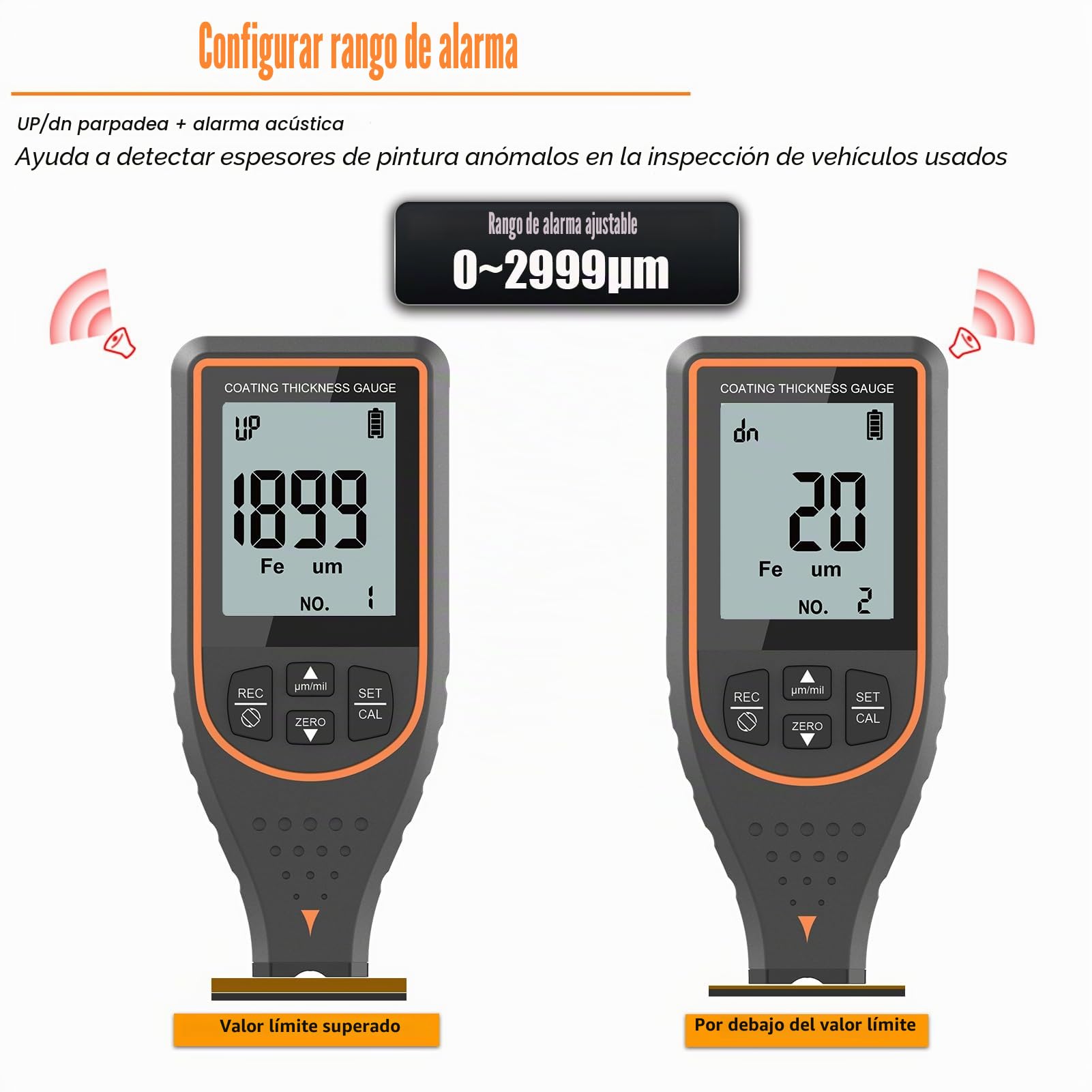 Medidor de Espesor de Pintura para Coches, Medidor Digital 0–2999 μm con Alarma de Límite y Pantalla Giratoria
