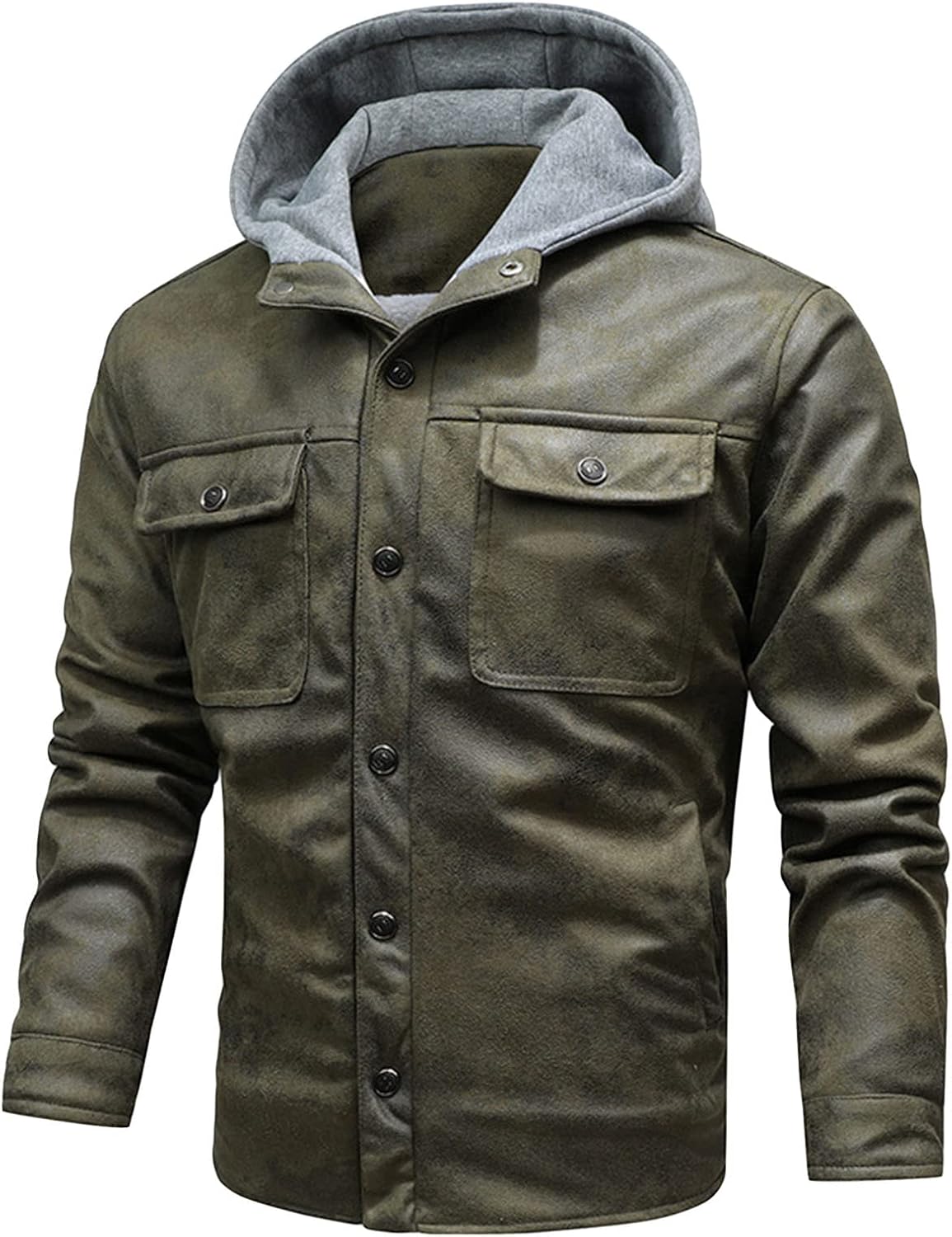 JEsilunmaMY Men's Hooded Leather Jacket Button Down Long Sleeve Warm Fleece Biker Coats Winter Distressed Motorcycle Outwear
