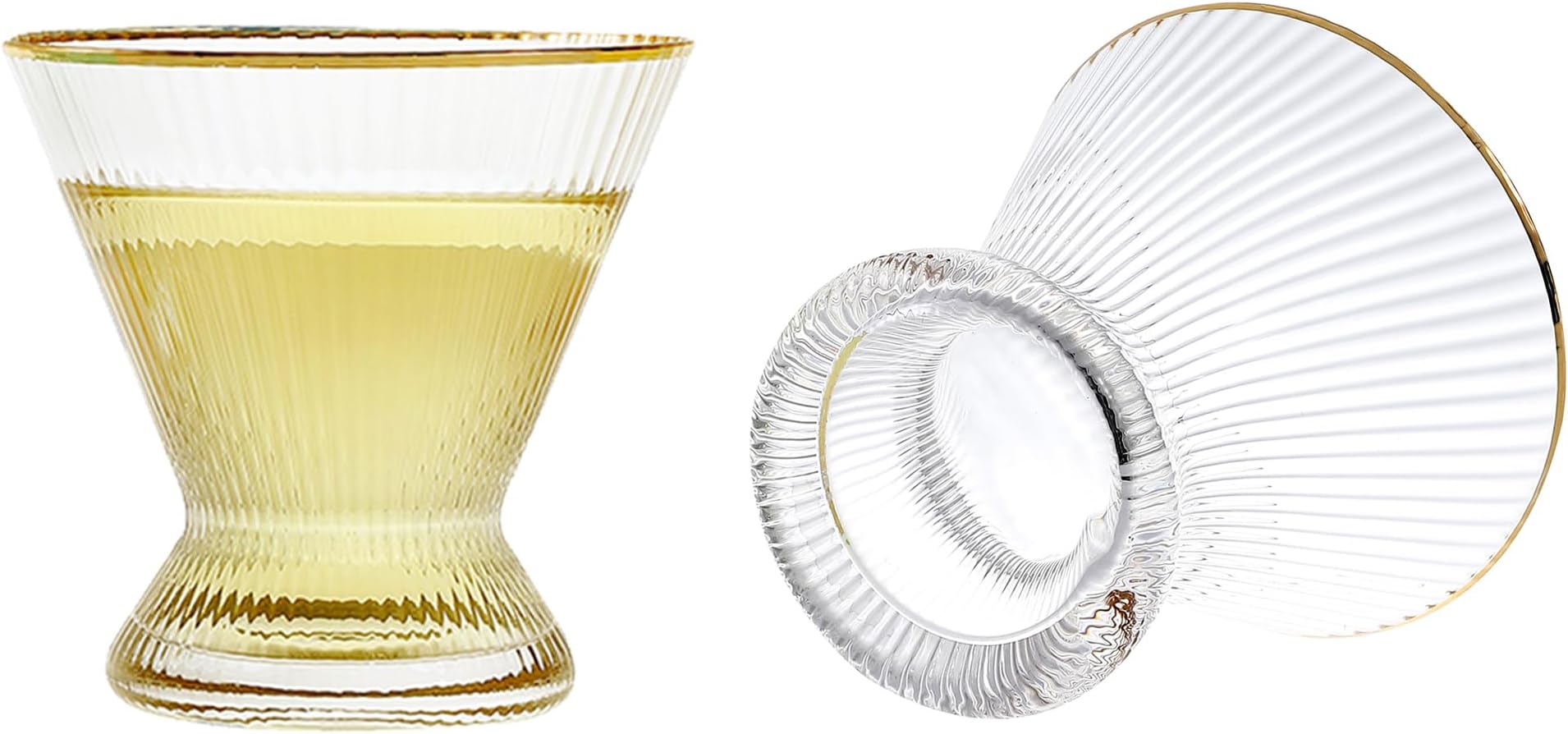 Lysenn Stemless Martini Glasses Set of 2 - Premium Hand Blown Cocktail Glasses for Cosmopolitan Manhattan Gimlet - Gifts for Martini Lovers, Bartenders, Housewarming - 10 Fl Oz, Gold Rim