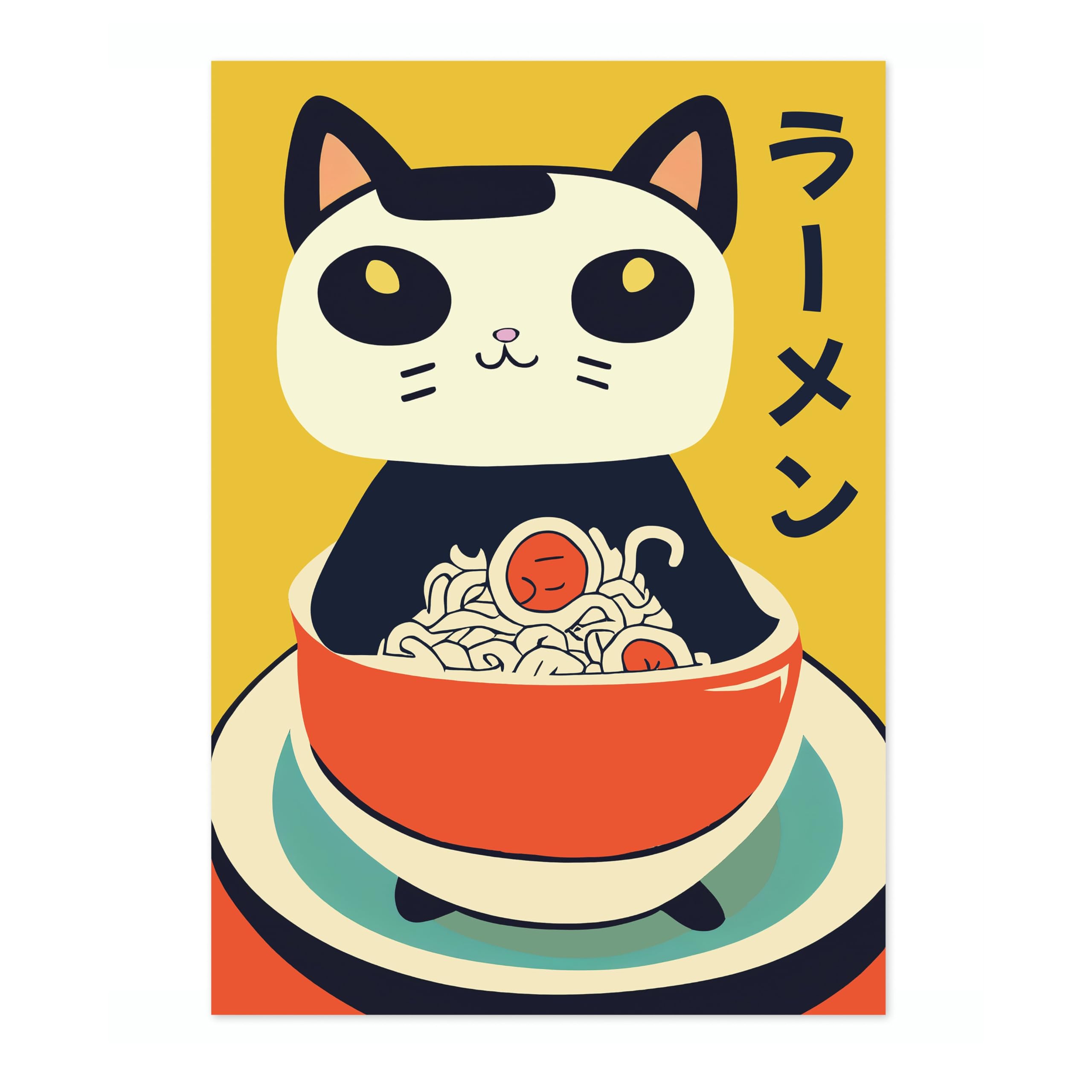 Ramen Cat Anime Woodblock Poster Modern Woodblock Print, Cartoon Manga Kitten Wall Art Decor, Modern Japanese, Cat Lovers, A4 (Print Only) - 29.7x21cm โ image 1