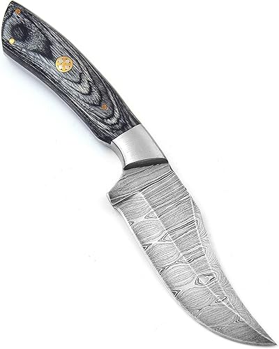 Miniatura 2 de Cuchillo de caza de Damasco hecho a mano para desollar con funda de cuero de 8 pulgadas, hoja fija de acero de Damasco, cuchillos de caza de