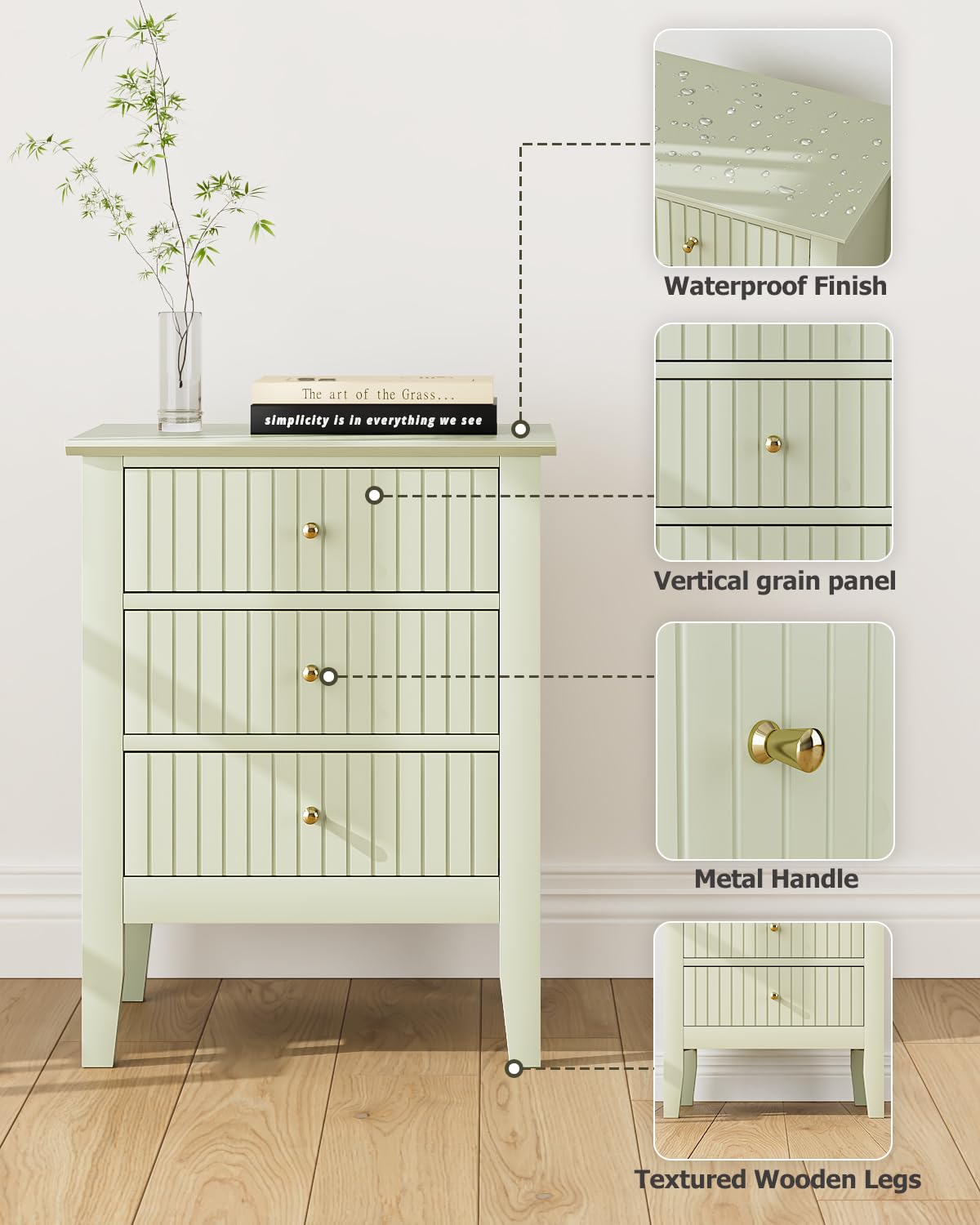 HEYZOEY Comodino con 3 cassetti, comodino, cassettiera, tavolino per camera da letto e soggiorno (verde pistacchio, 45 x 33 x 61 h)
