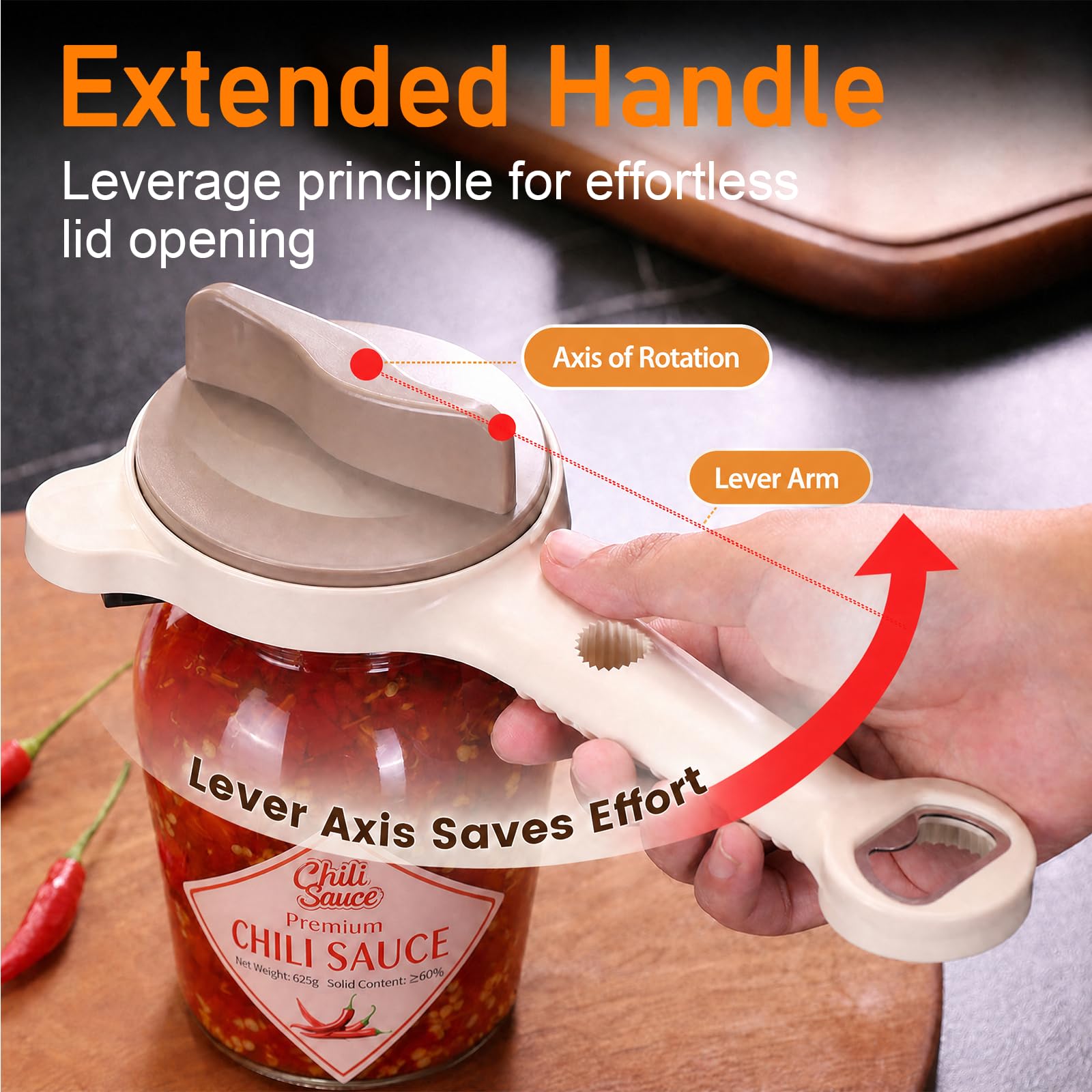 Apribarattoli 4 in 1 Multiuso, Apriscatole Manuale Regolabile con Denti Antiscivolo, Apribarattoli per Anziani con Manico Lungo, Utensile da Cucina Ergonomico per Barattoli e Bottiglie