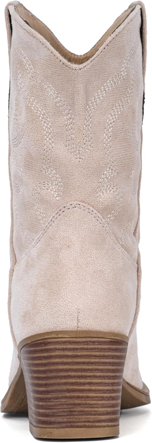 IXU Cowboy Boots for Women Wide Suede Ankle Western Cowgirl Boots Mid Calf Pointed Toe Short Chunky Classic Booties - Image 5