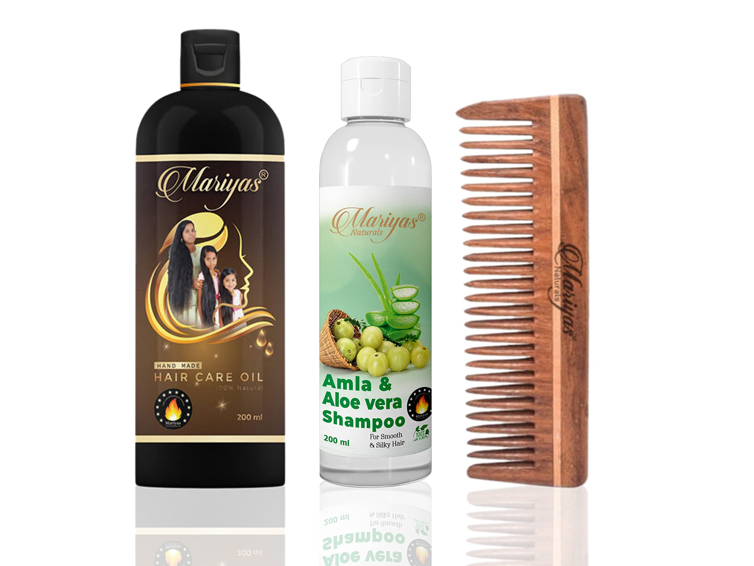 MARIYAS HERBAL HAIR CARE OILMariyas Herbal Mariyas Natural Hair Care Kit | Mariyas Hair Oil,200Ml,Amla Aloevera Shampoo 200 Ml & Oil Treated Neem Wooden Comb (Wide Comb)
