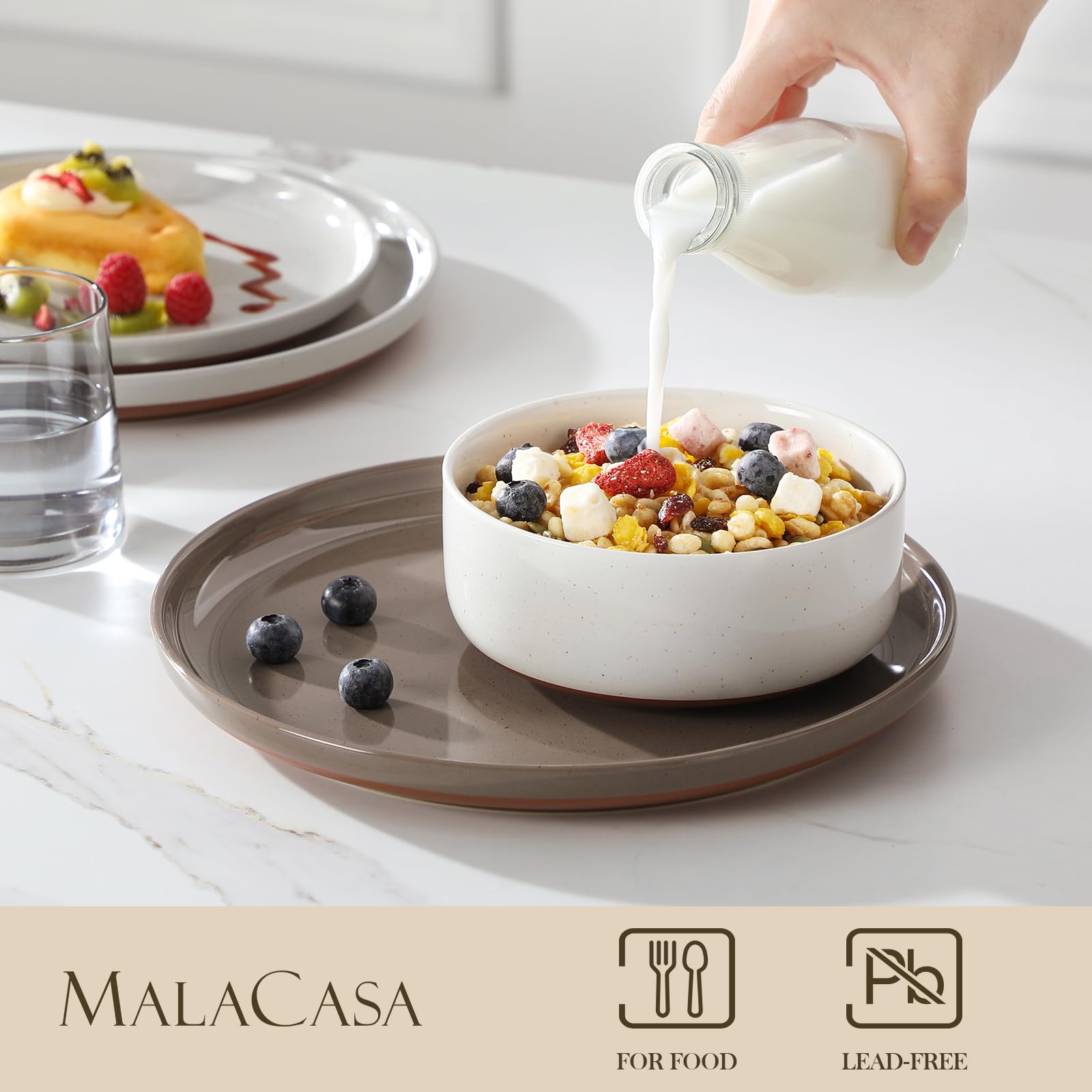 MALACASA Juego de platos y cuencos, juego de vajilla moderna de cerámica de 12 piezas para 4 platos de cocina, juego de vajilla de cerámica, apto para microondas y lavavajillas, multicolor, serie TARA
