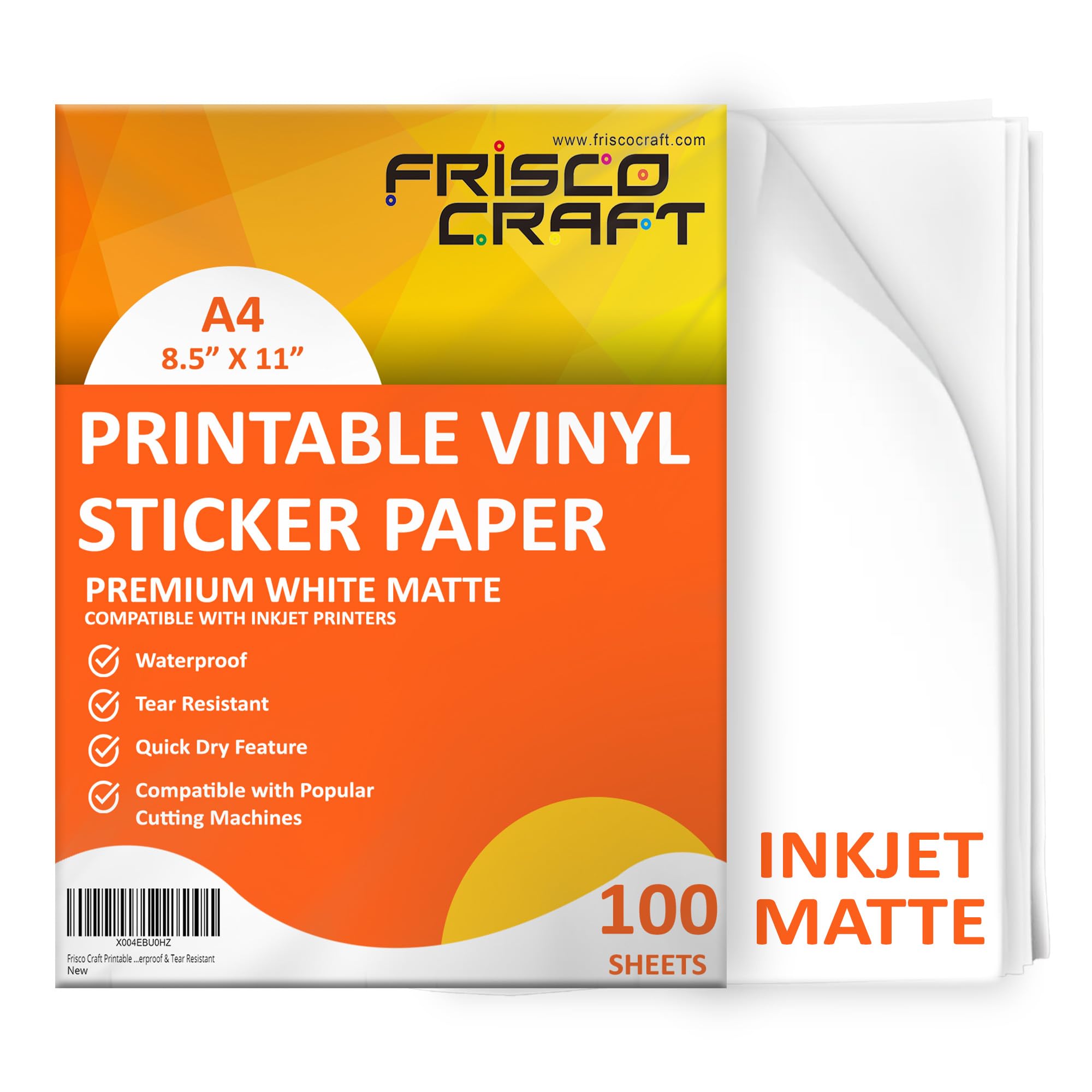Frisco Craft Papel adhesivo de vinilo imprimible de alta calidad para impresoras de inyección de tinta, mate, 8.5 x 11 pulgadas (A4), resistente al agua, duradero, hojas fáciles de despegar para