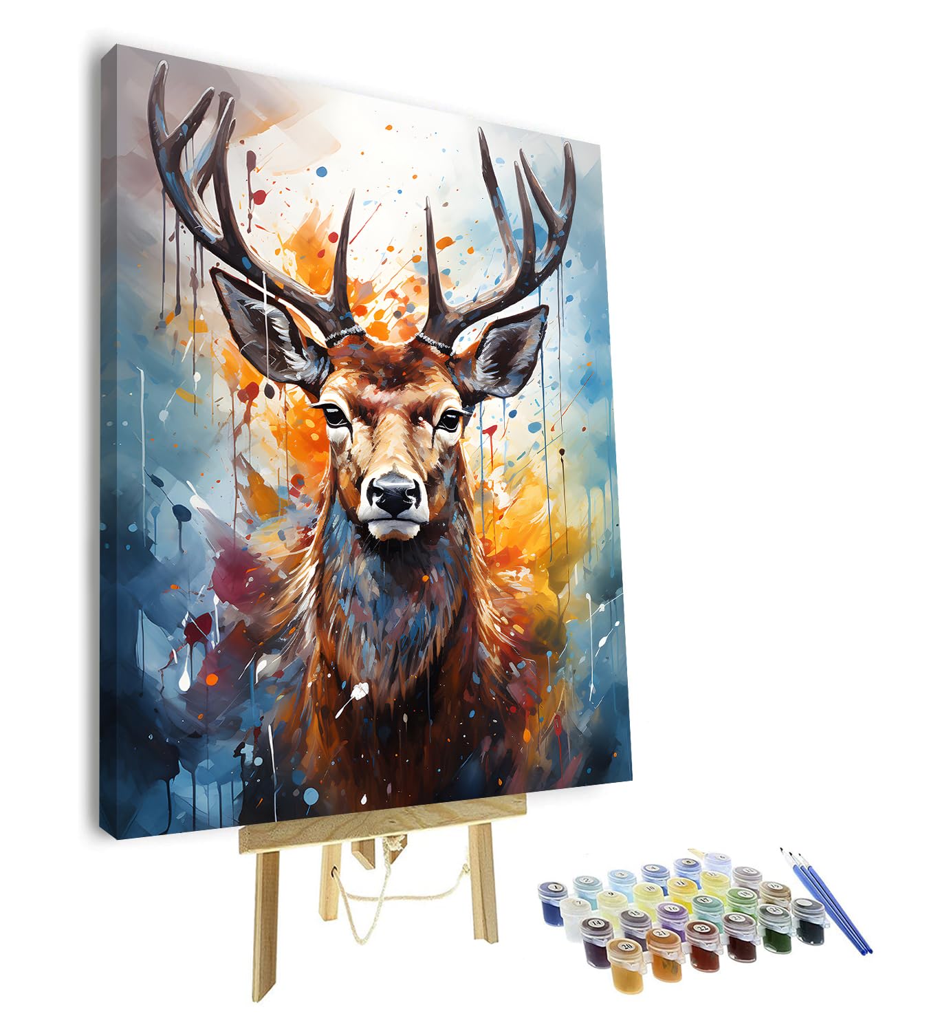 TISHIRON Hirsch Ölgemälde Malen nach Zahlen für Erwachsene Anfänger, Hirschkopf mit Geweih Tier Malen nach Zahlen Set mit Pinseln für Wanddeko Zuhause (40x50 cm) mit Rahmen