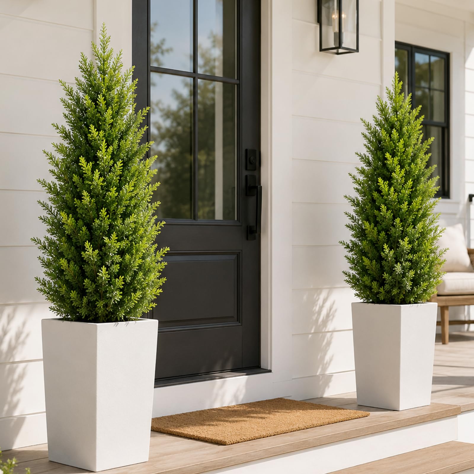 2 pack 3 ft artificial cedar topiary trees, uv resistant outdoor plants | realistic faux pine and cypress shrubs for porches, doorways, offices and home decor; maintenance-free artificial bushes.