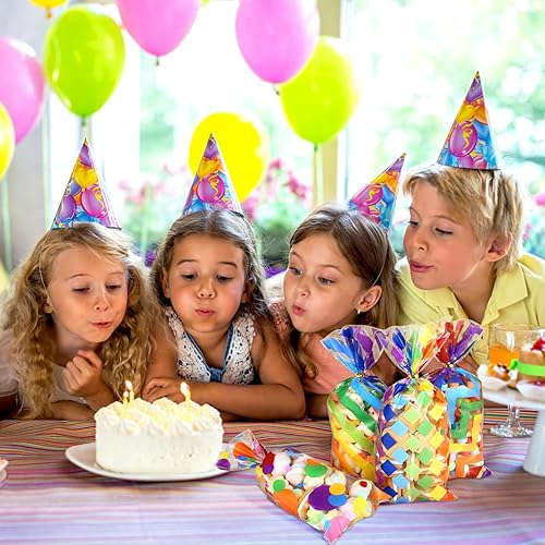 Miniatura 5 de Kesote Bolsas de celofán arcoíris, 100 piezas impresas de plástico para regalo, bolsas de dulces con lazos para verano, niños, suministros de fiesta
