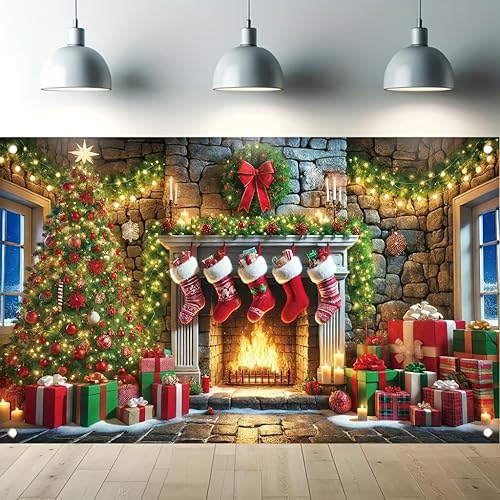 Miniatura 6 de Cartel navideño para chimenea de 71 x 43 pulgadas, caja de regalo, decoración de fondo de fotografía para fiestas de vacaciones