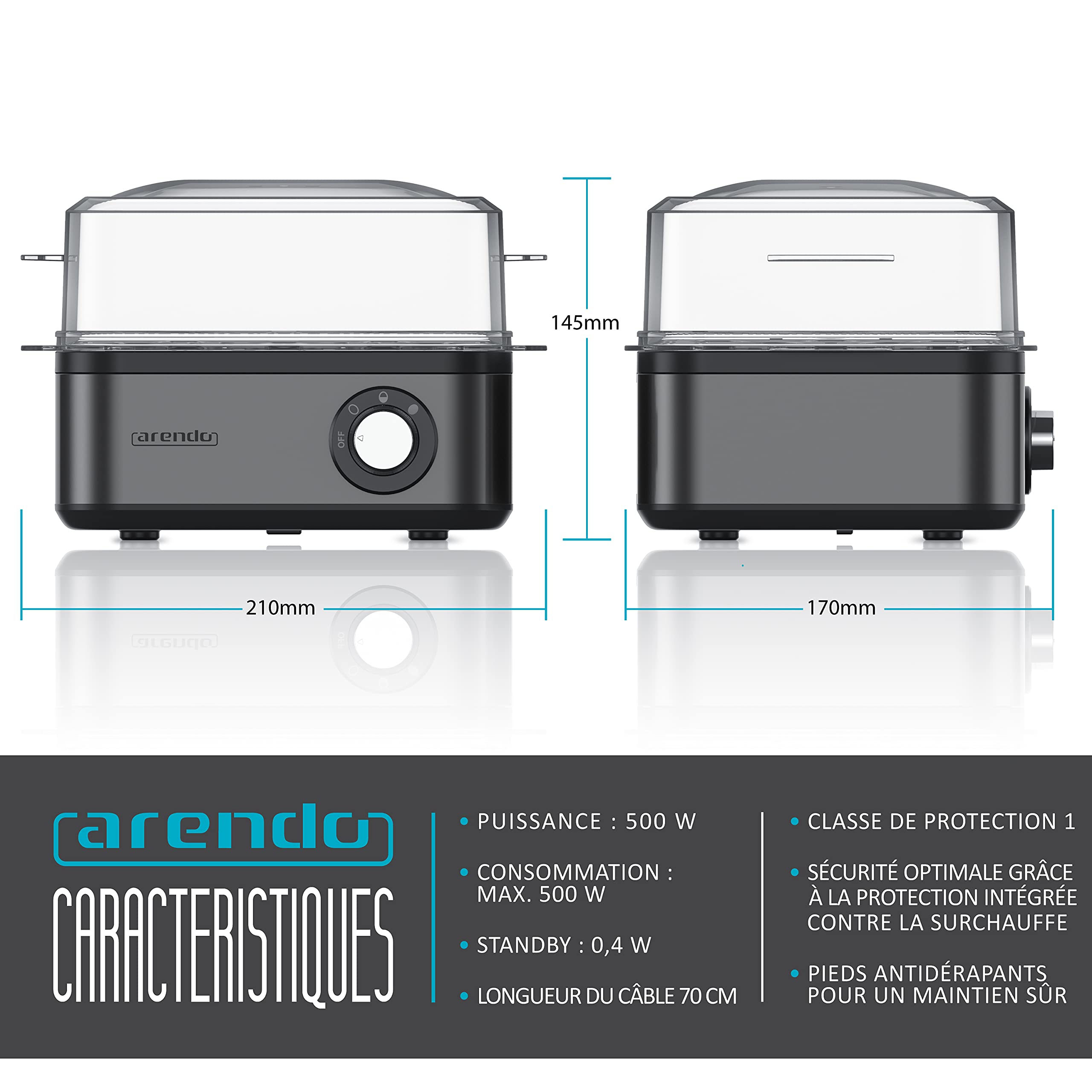 Arendo - Cuiseur à œufs en acier inoxydable Eightcook 500 W - Egg cooker 1 à 8 œufs - Bouton pour trois degrés de dureté, à la coque, mollet ou dur - Œufs pochés, Verre doseur avec Perceur d’œufs