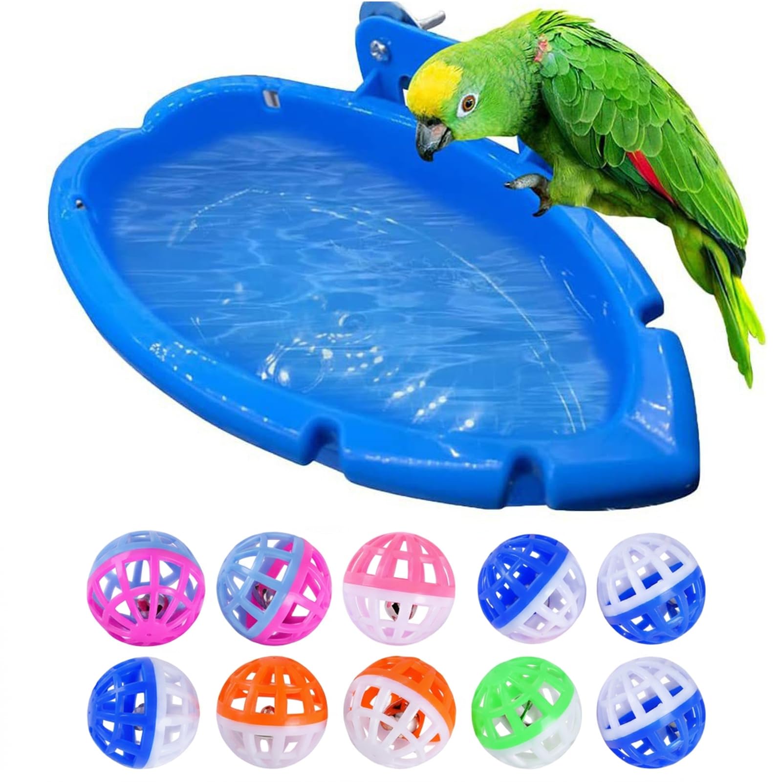 Bird Bath for Cage with 10 Ball Toys, Hanging Shower Tray,Water Bowl Feeder
