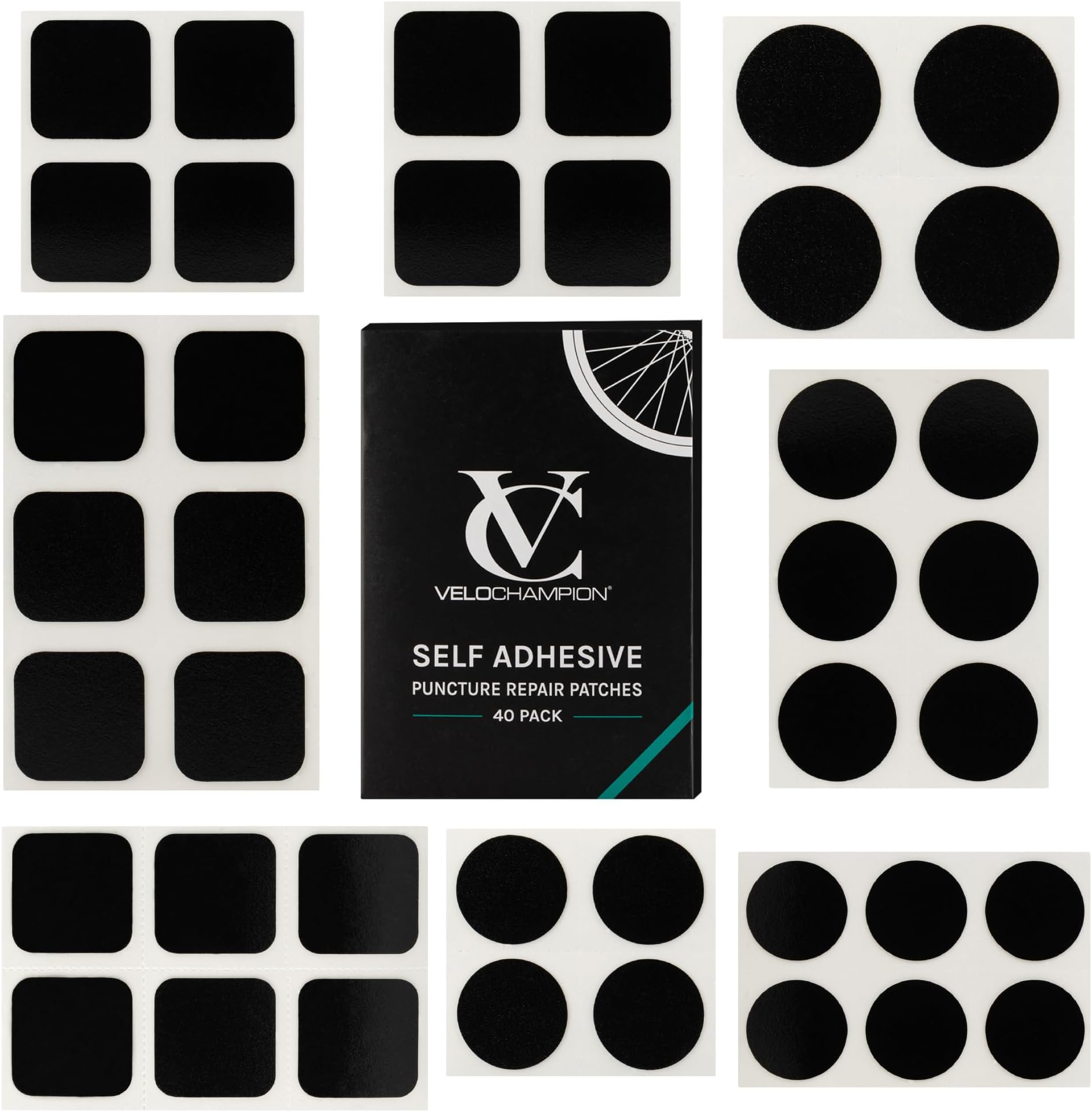 VeloChampion Bike Puncture Repair Kit | Tyre Patches for Road, MTB, BMX, Ebike| Travel Size Bicycle Inner Tube Repair Kit | 6, 10 or 40 Pack + Optional Tyre Levers