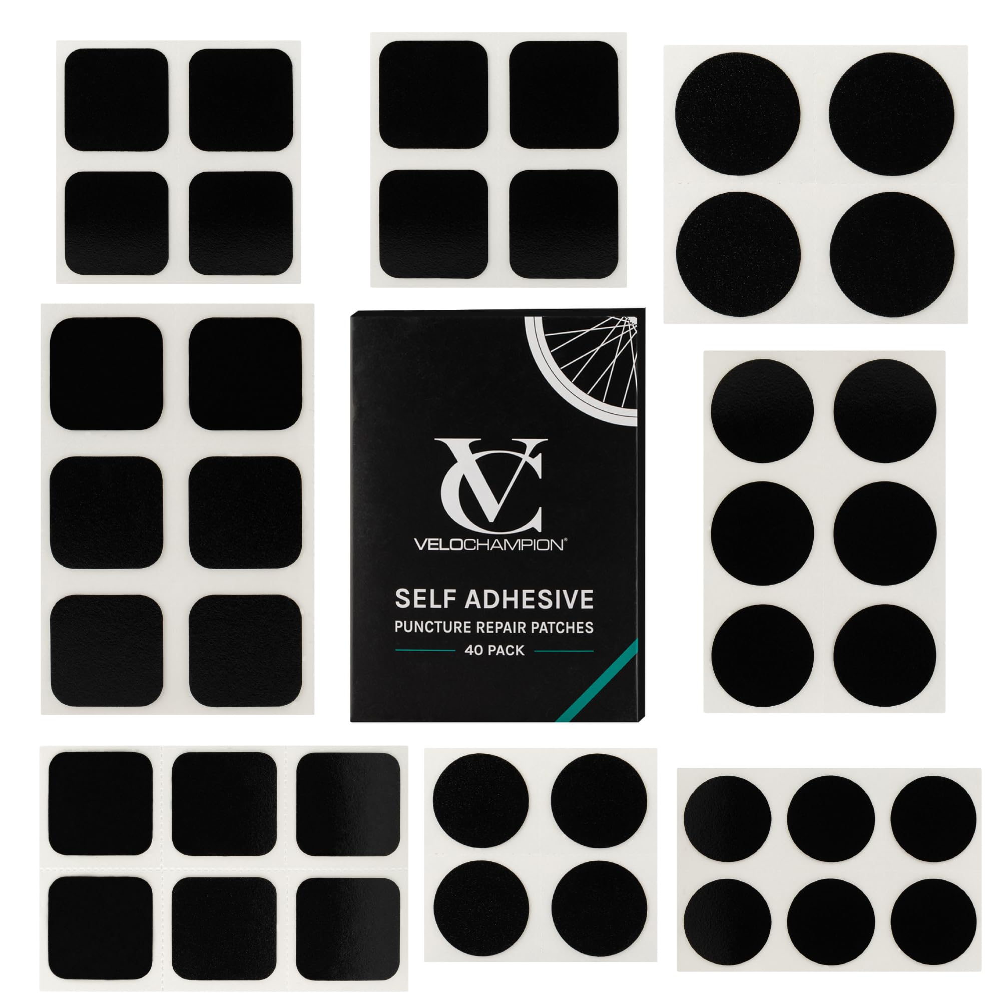 VeloChampion Bike Puncture Repair Kit | Tyre Patches for Road, MTB, BMX, Ebike| Travel Size Bicycle Inner Tube Repair Kit | 6, 10 or 40 Pack + Optional Tyre Levers