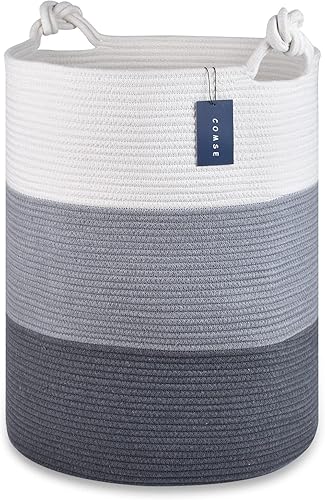 COMSE Cesta de lavandería extragrande de 15.7 x 21.7 pulgadas, cesta de cuerda de algodón, portátil, color blanco, gris claro y gris oscuro