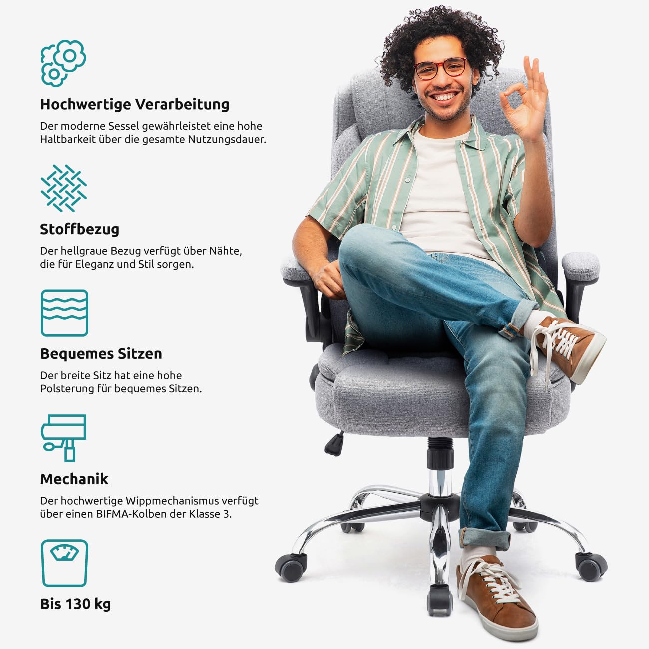 Stoff-Bürostuhl Comfortable, ergonomischer Drehstuhl bis 130 kg, mit klappbaren Armlehnen, Schreibtisch Stuhl mit Hohe Rückenlehne, grau