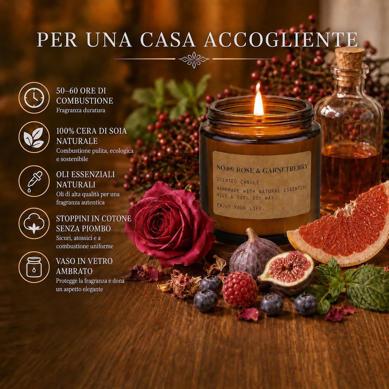 Candele Profumate Set di 8 Pezzi in Vetro, 800g Cera di Soia Profumo di Rose, Legno di teak, Amber, Menta und Grapfruit Aromaterapia Set Candele Compleanno Regalo per Mamma, Durata Fino a 200 Ore