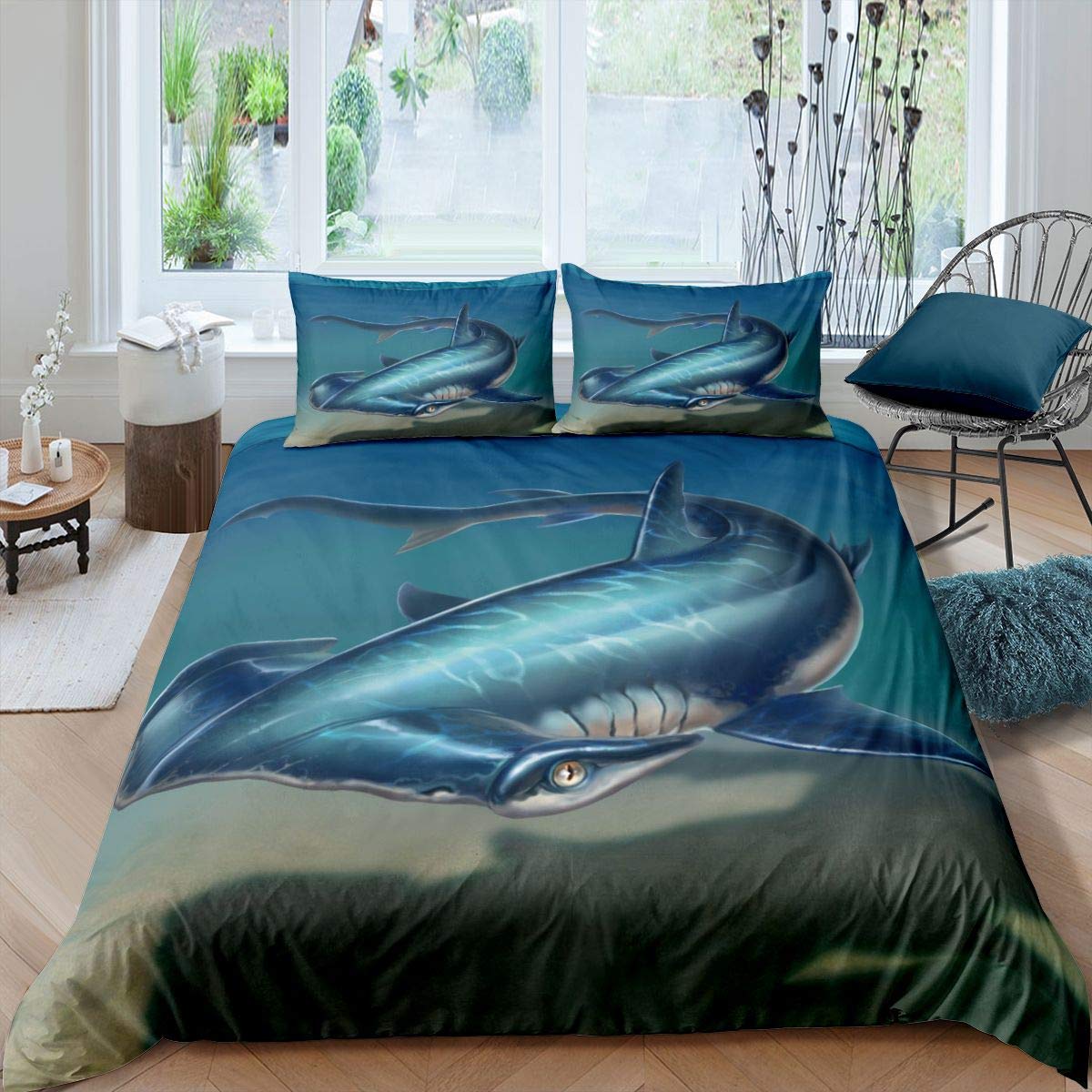 Shark Comforter Cover Hammerhead Shark Bedding Set for Boys Girls Ocean Marine Duvet Cover Underwater Animal Bedspread Cover Single Size 2Pcs
