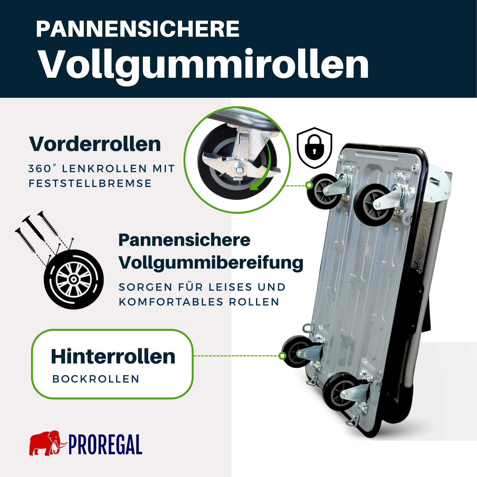 PROREGAL Profi-Plattformwagen Transportwagen Rhino 150kg klappbar mit Gummiräder, 360° Lenkrollen & Bockrollen mit Feststellbremse, mit Werkzeugtasche & 6 Sicherungsösen, Transporthilfe groß & leicht
