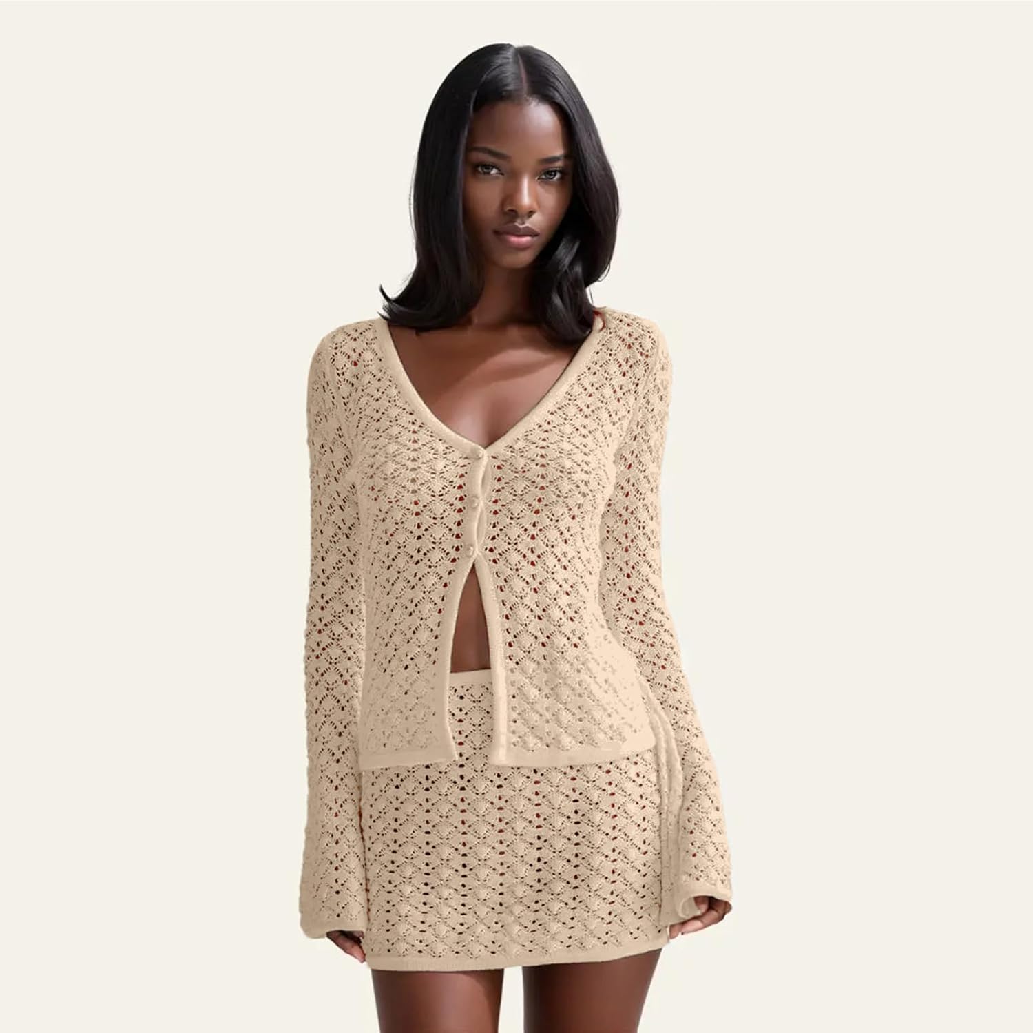 Women Crochet 2 Piece Outfits Set Swimwear Cover Up Flared Long Sleeve Button Down Tops Beach Mini Skirt Vacation Outfits - Image 4