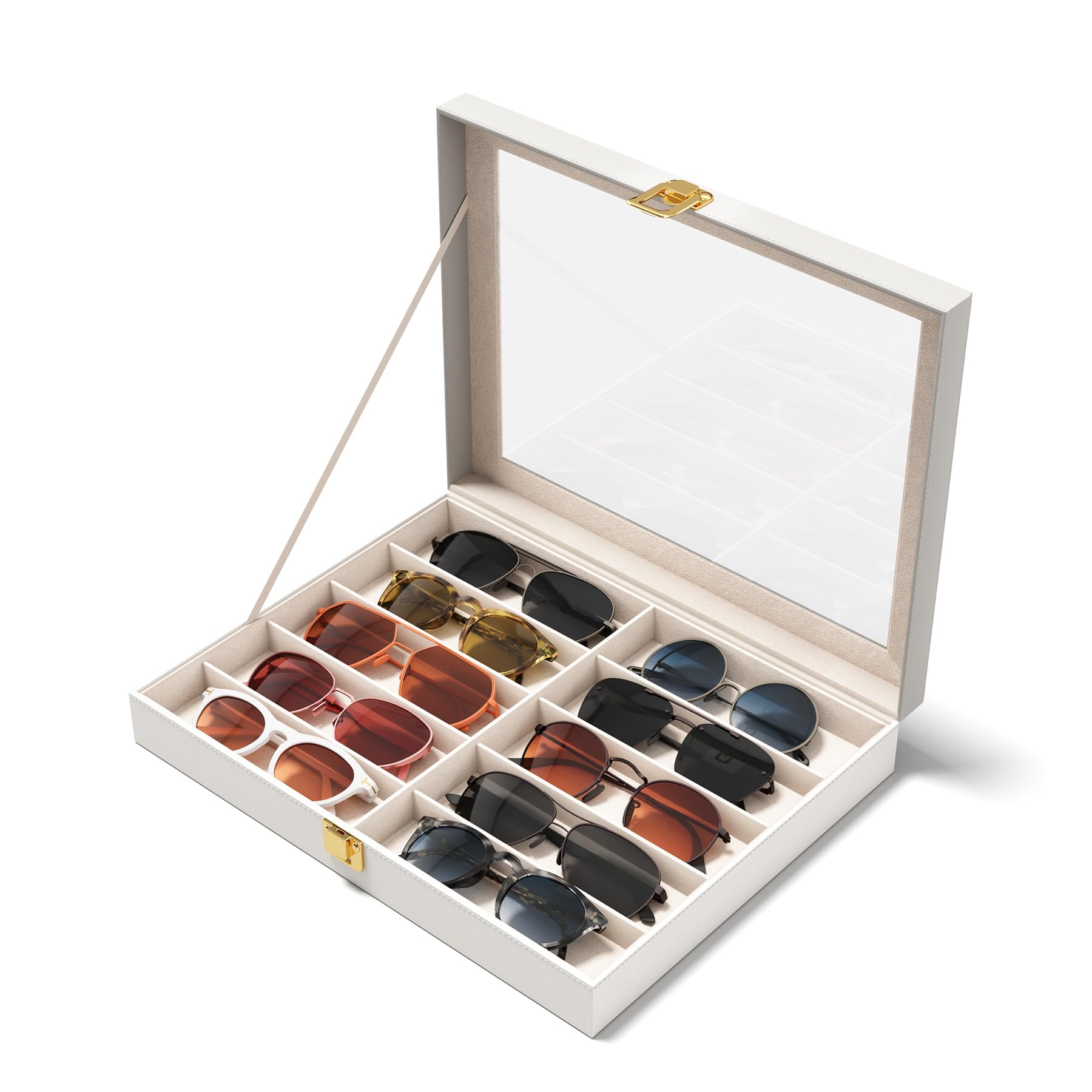 NEWLOOP Sunglass Organizer for Women Men - Multiple Pair of Sunglasses Storage Box Eye Glass Watch Leather Display Case with 10 Slots White, White, One Size, White, One Size-image-32