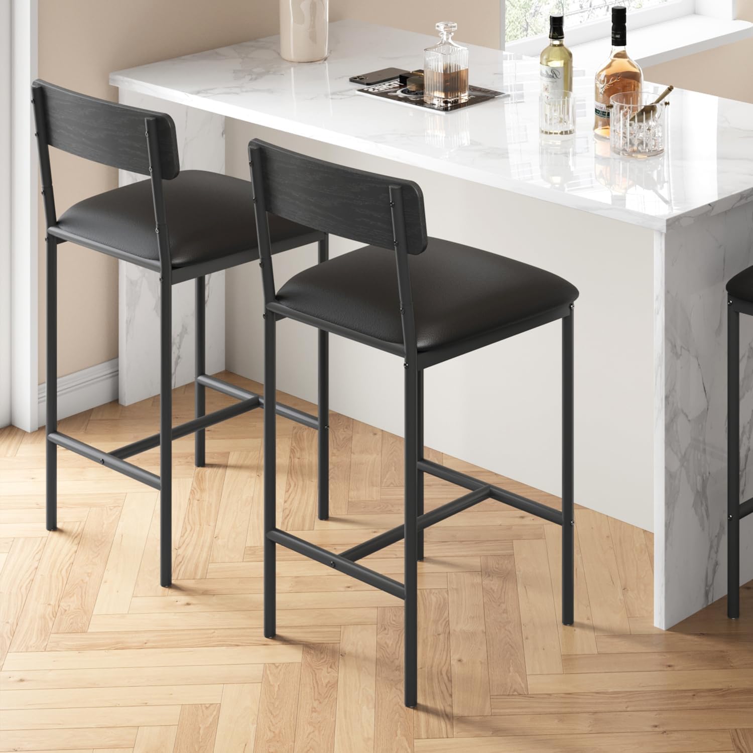 IDEALHOUSEBar Stools Set of 2, Kitchen Bar Stools with Footrest, 25.5 Inches Upholstered Bar Chairs with Back, Counter Height Barstools for Counter Bar, Island, Easy Assembly, Rustic Black