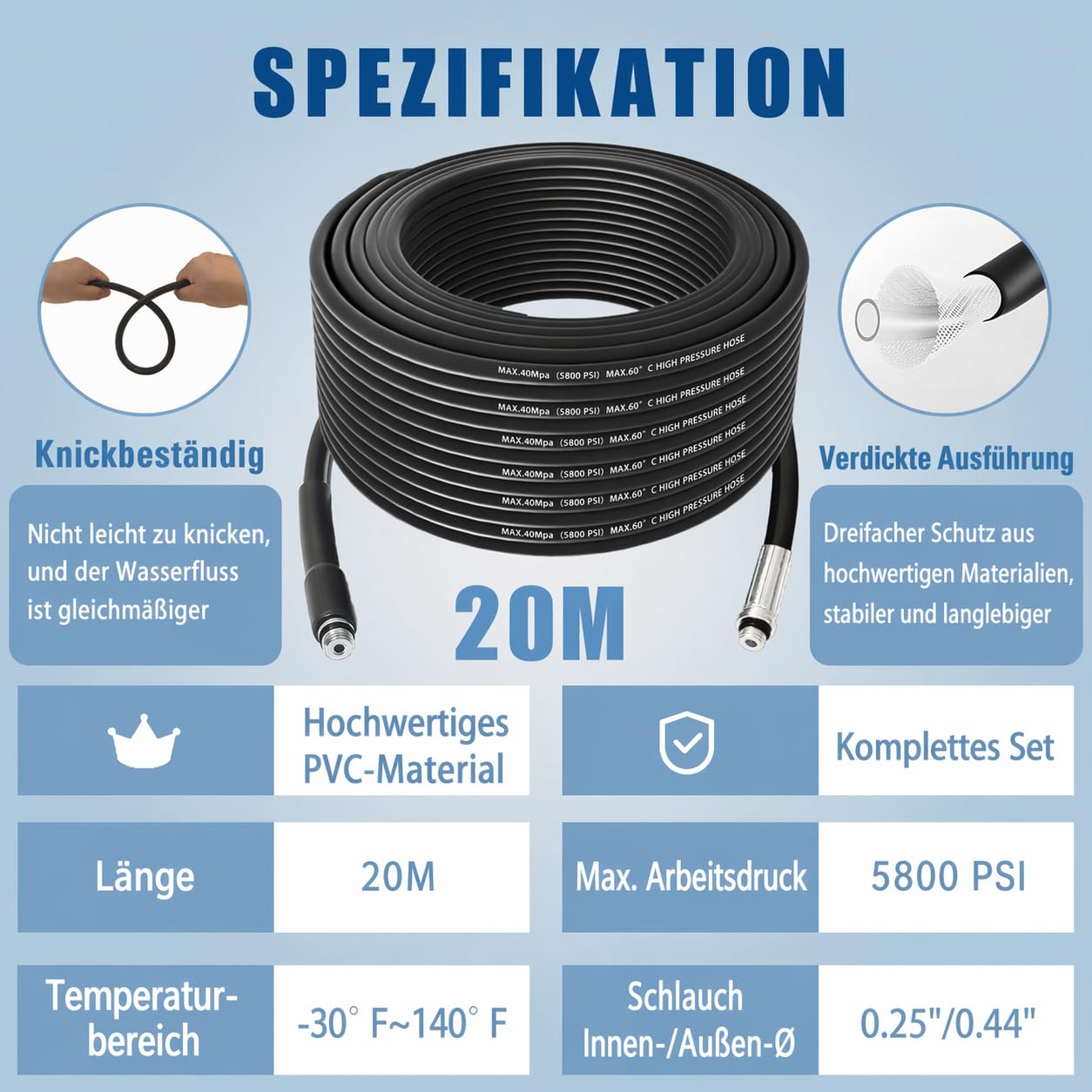 20M Rohrreinigungsschlauch für Hochdruckreiniger, Rohrreiniger Set Kanalratte mit Rotationsdüse & Knopfdüse, Abflussreiniger Rohrfrei Kompatibel mit Kärcher K-Serie, Lavor & 1/4", Bosch AQT, 400Bar