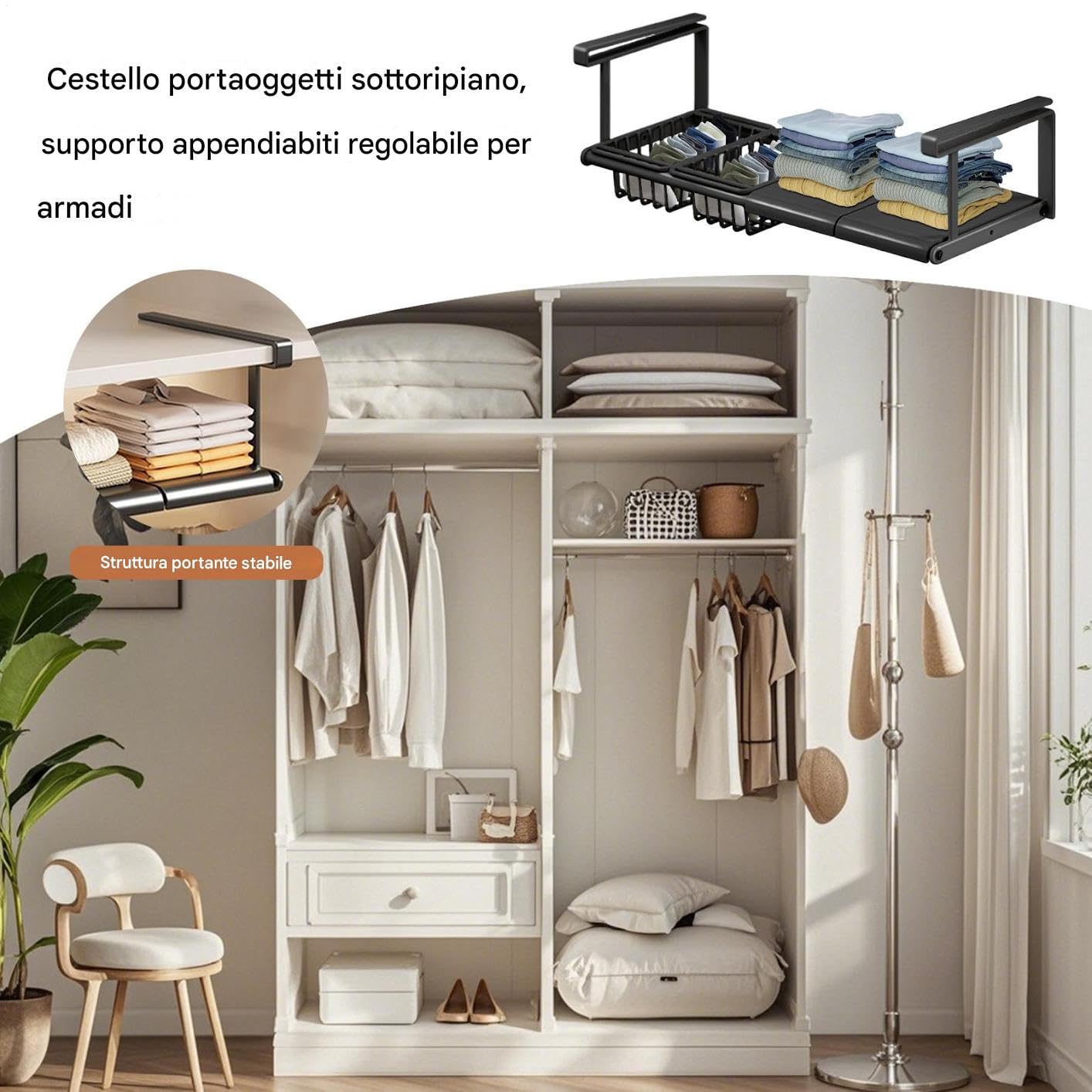 Cesto Sottopensile Contenitore Estensibile Senza Foratura | Cesto Organizzatore sotto Mensola per Dispensa Armadio Bagno Cucina Casa Lavanderia Camera da Camper Dormitorio Guardaroba