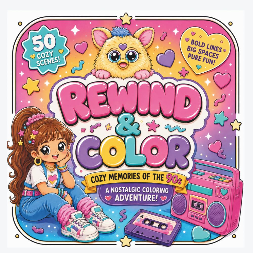 Rewind & Color: Coloring Book: Cozy 90s Coloring Book for Adults, Teens & Kids | Cute Nostalgic Scenes with Bold & Easy Designs (50 pages)