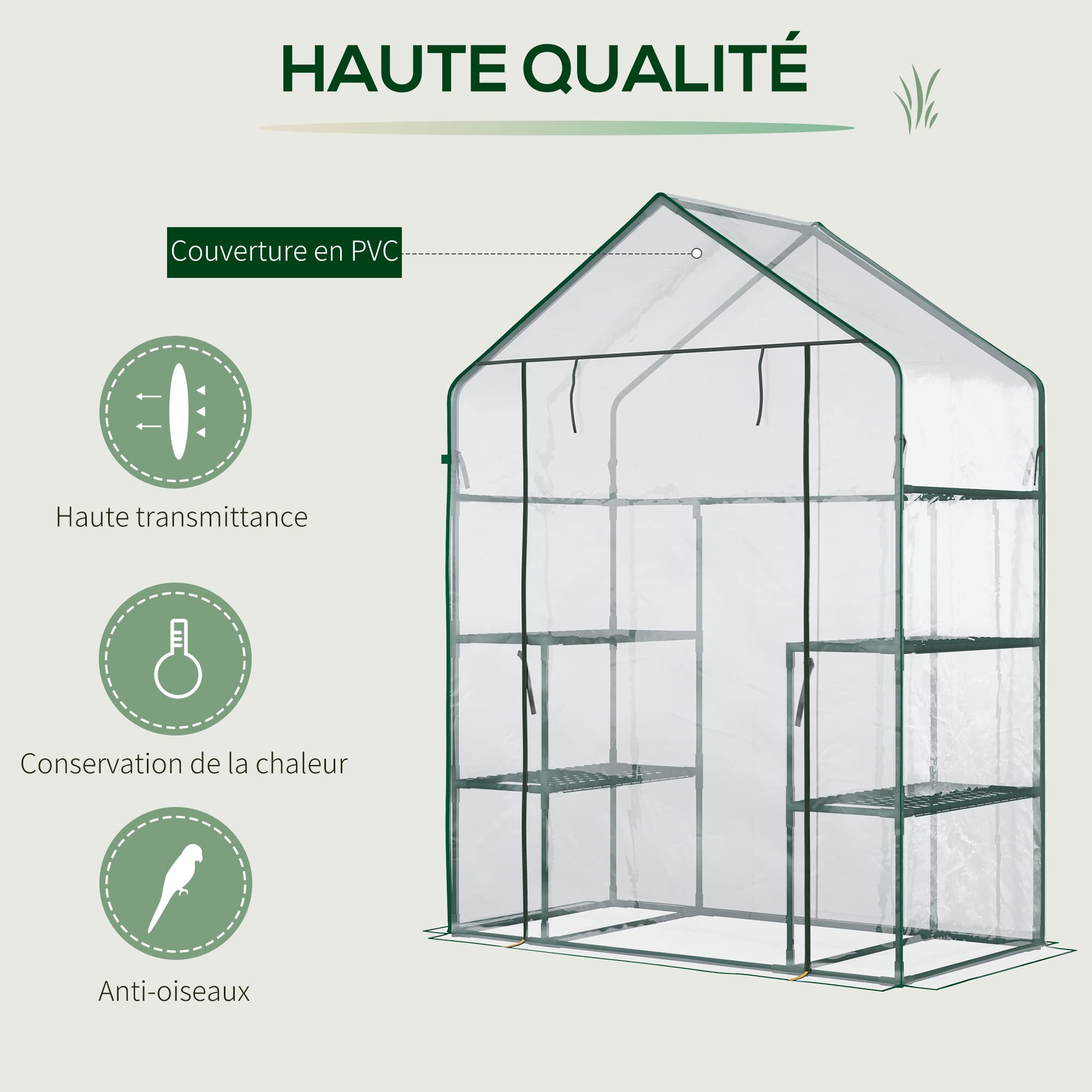 Outsunny Serre de Jardin avec étagère 4 Niveaux 142 x 73 x 195 cm Plastique Haute densité 140 g/m² Anti-UV avec Porte déroulante Transparent Vert